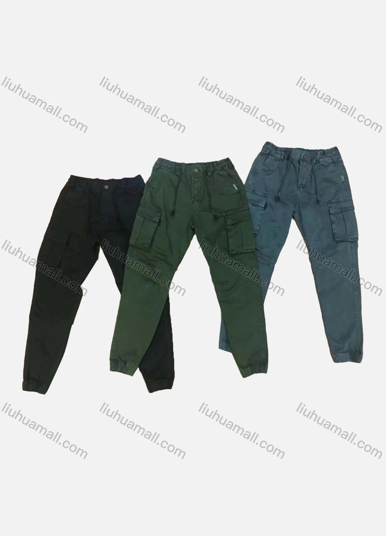 Wholesale Men's Casual Plain Multiple Pockets Drawstring Elastic Waist Cargo Pants 9395# - Liuhuamall