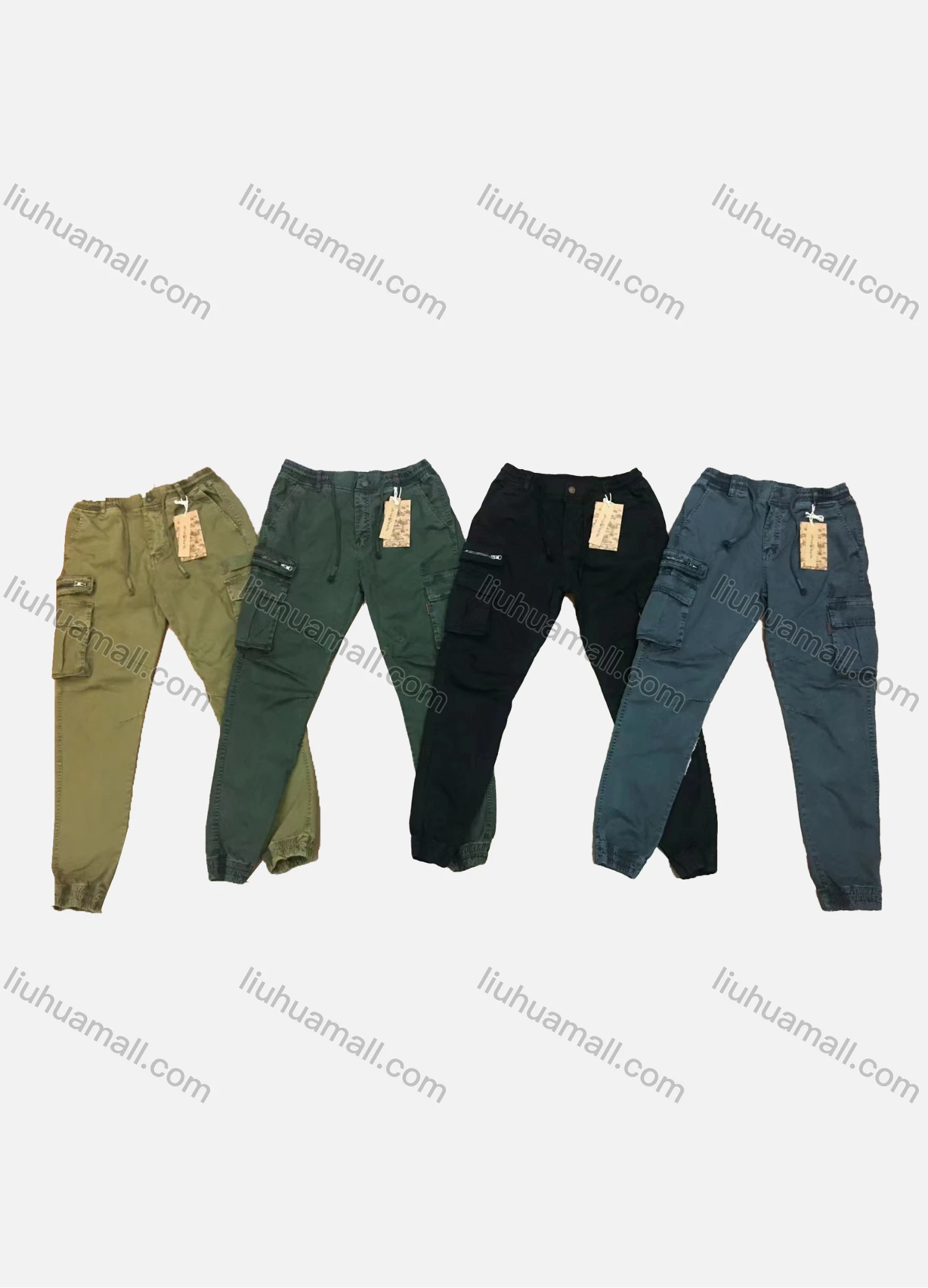 Wholesale Men's Casual Plain Multiple Pockets Drawstring Zip Decor Elastic Waist Cargo Pants 9396# - Liuhuamall