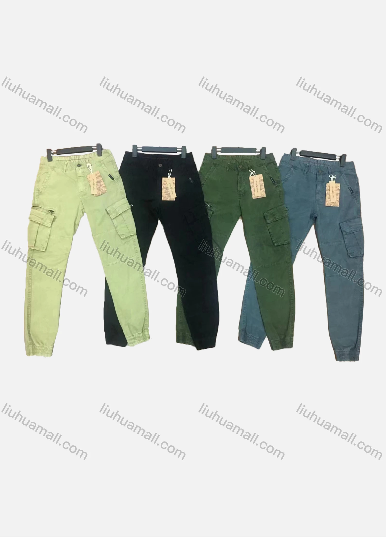 Wholesale Men's Casual Plain Zipper Multiple Pockets Elastic Waist Cargo Pants 9397# - Liuhuamall