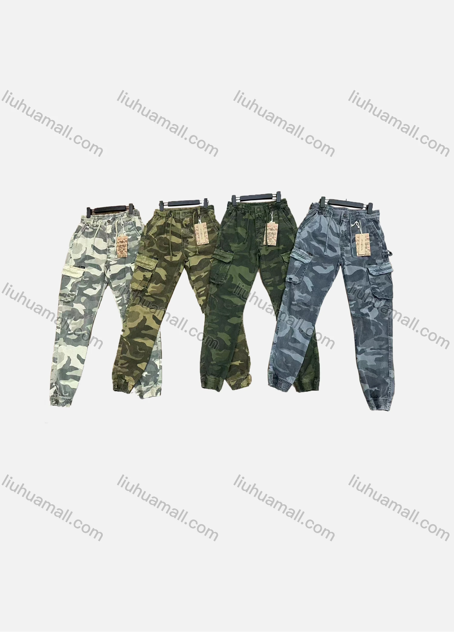 Wholesale Men's Casual Camouflage Multiple Pockets Elastic Waist Drawstring Cargo Pants 9398# - Liuhuamall
