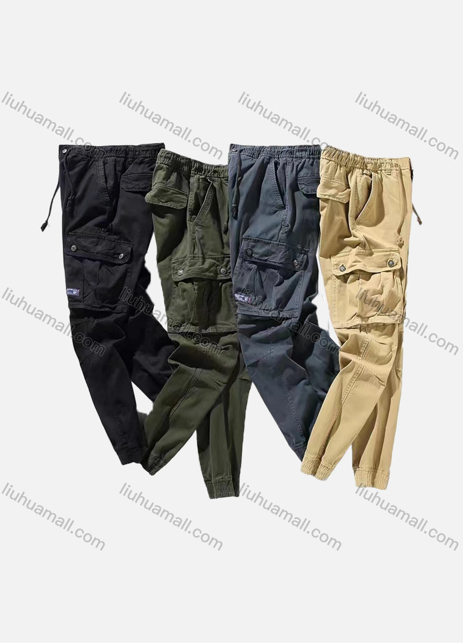 Wholesale Men's Casual Plain Drawstring Multiple Pockets Elastic Waist Cargo Pants 9929# - Liuhuamall