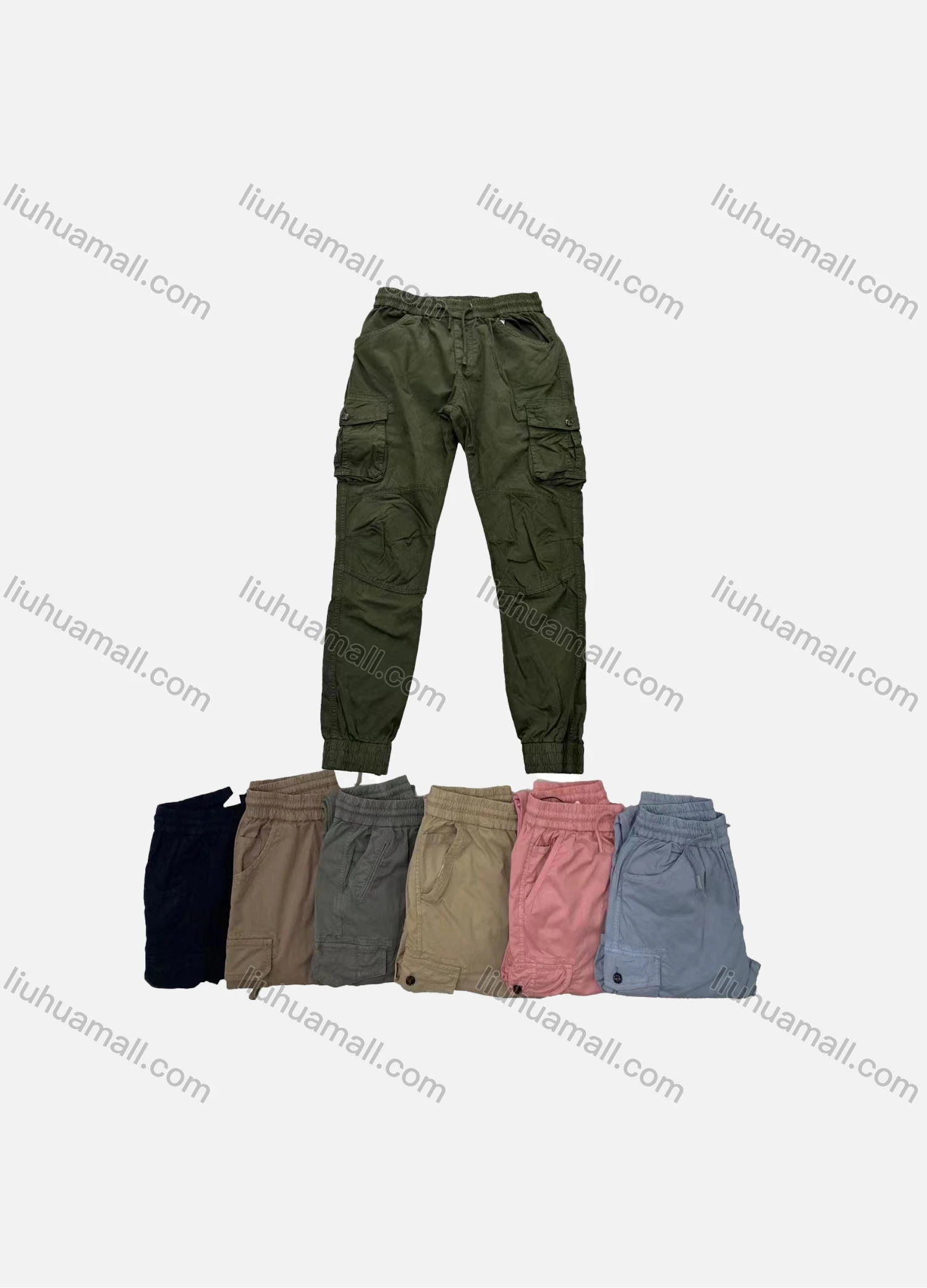 Wholesale Men's Casual Plain Multiple Pockets Elastic Waist Drawstring Cargo Pants FC5587# - Liuhuamall