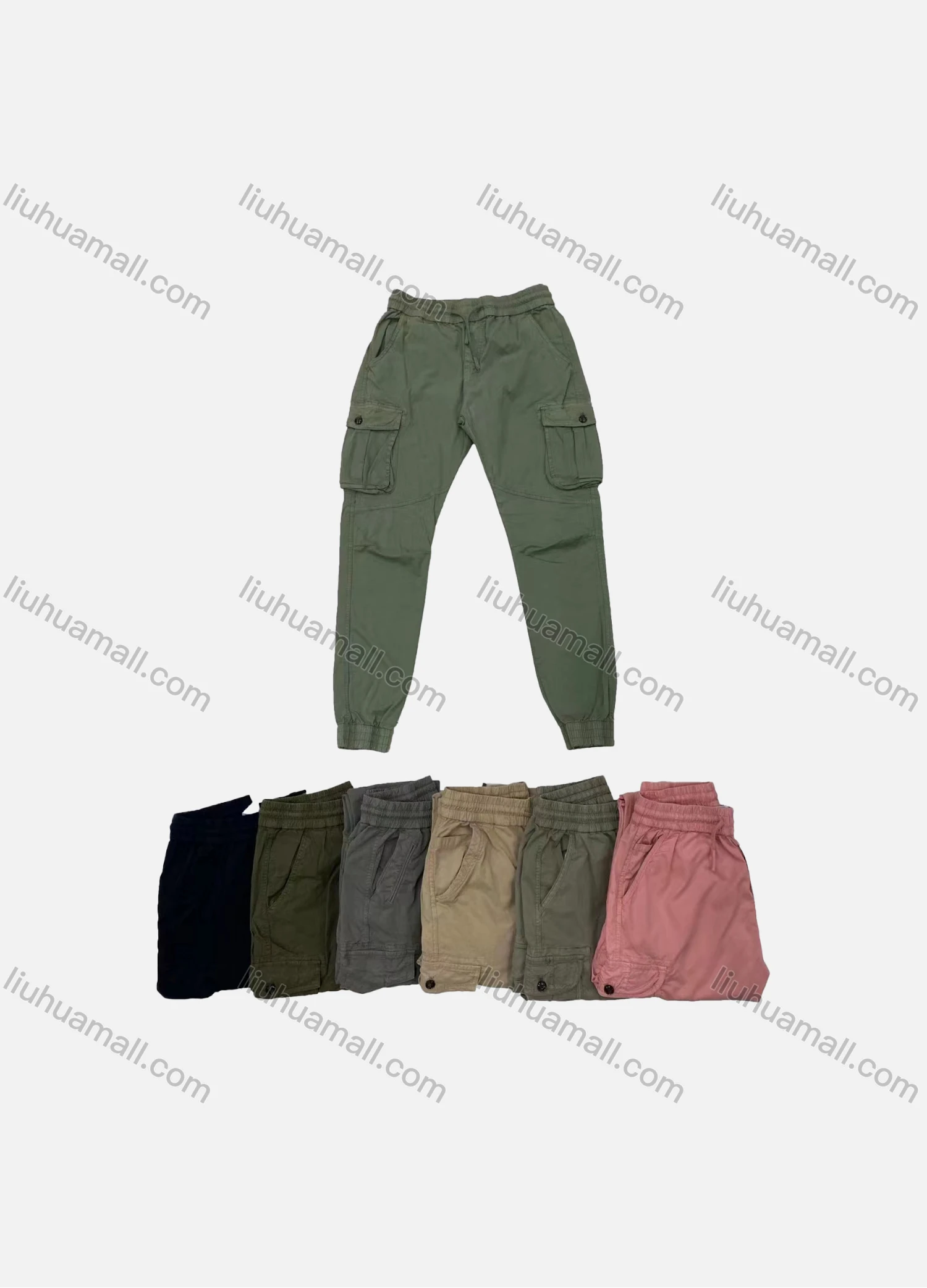Wholesale Men's Casual Plain Multiple Pockets Elastic Waist Drawstring Cargo Pants FC5588# - Liuhuamall