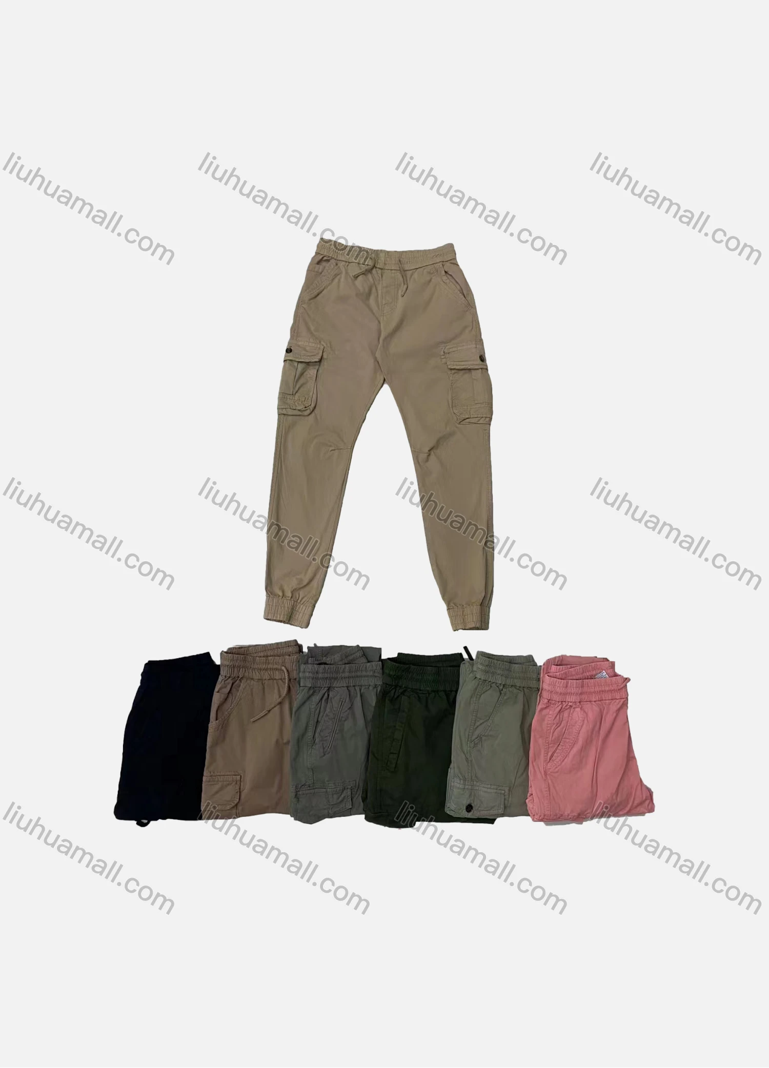 Wholesale Men's Casual Plain Multiple Pockets Elastic Waist Drawstring Cargo Pants FC5589# - Liuhuamall