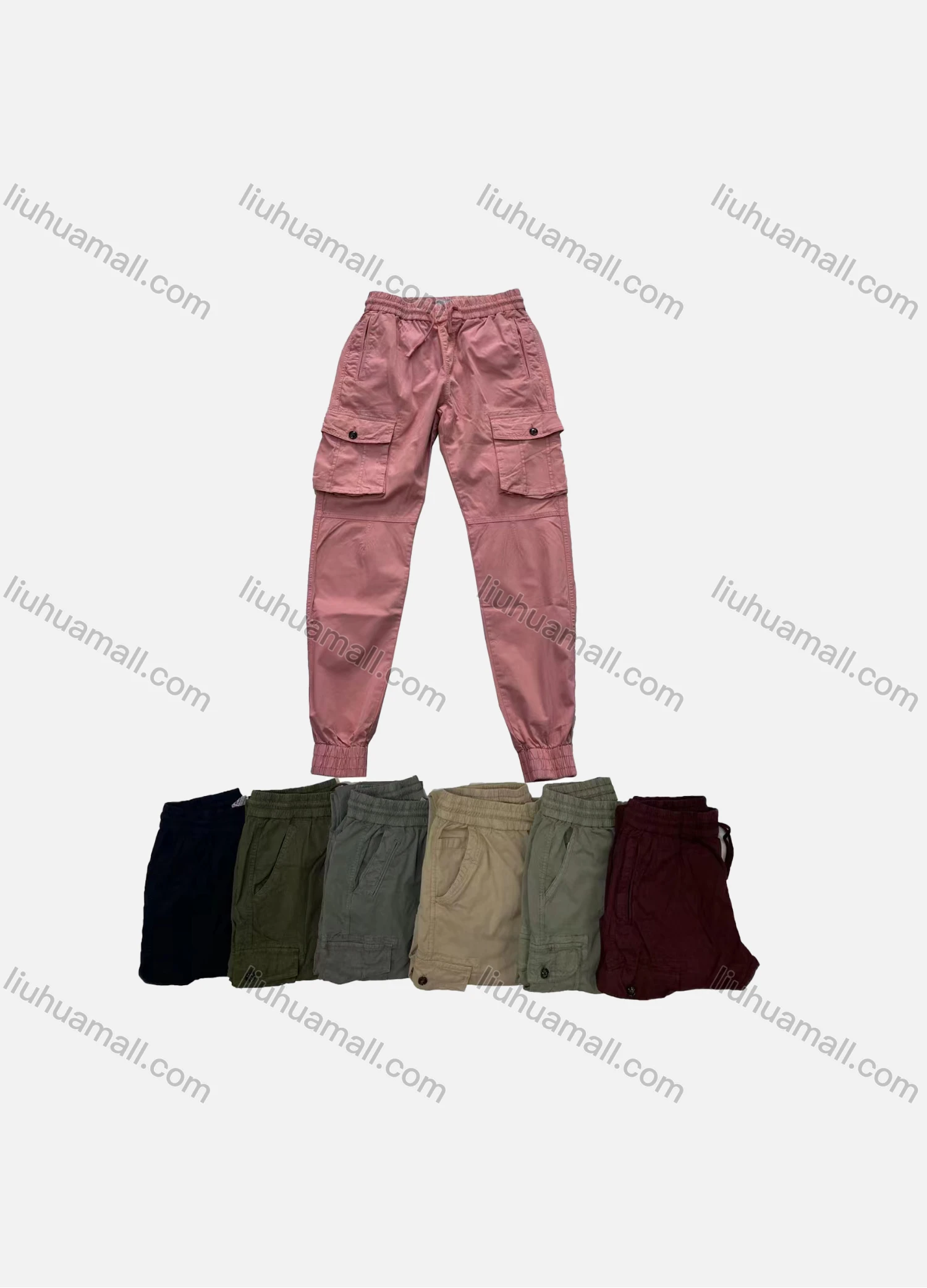 Wholesale Men's Casual Plain Multiple Pockets Elastic Waist Drawstring Cargo Pants FC5593# - Liuhuamall