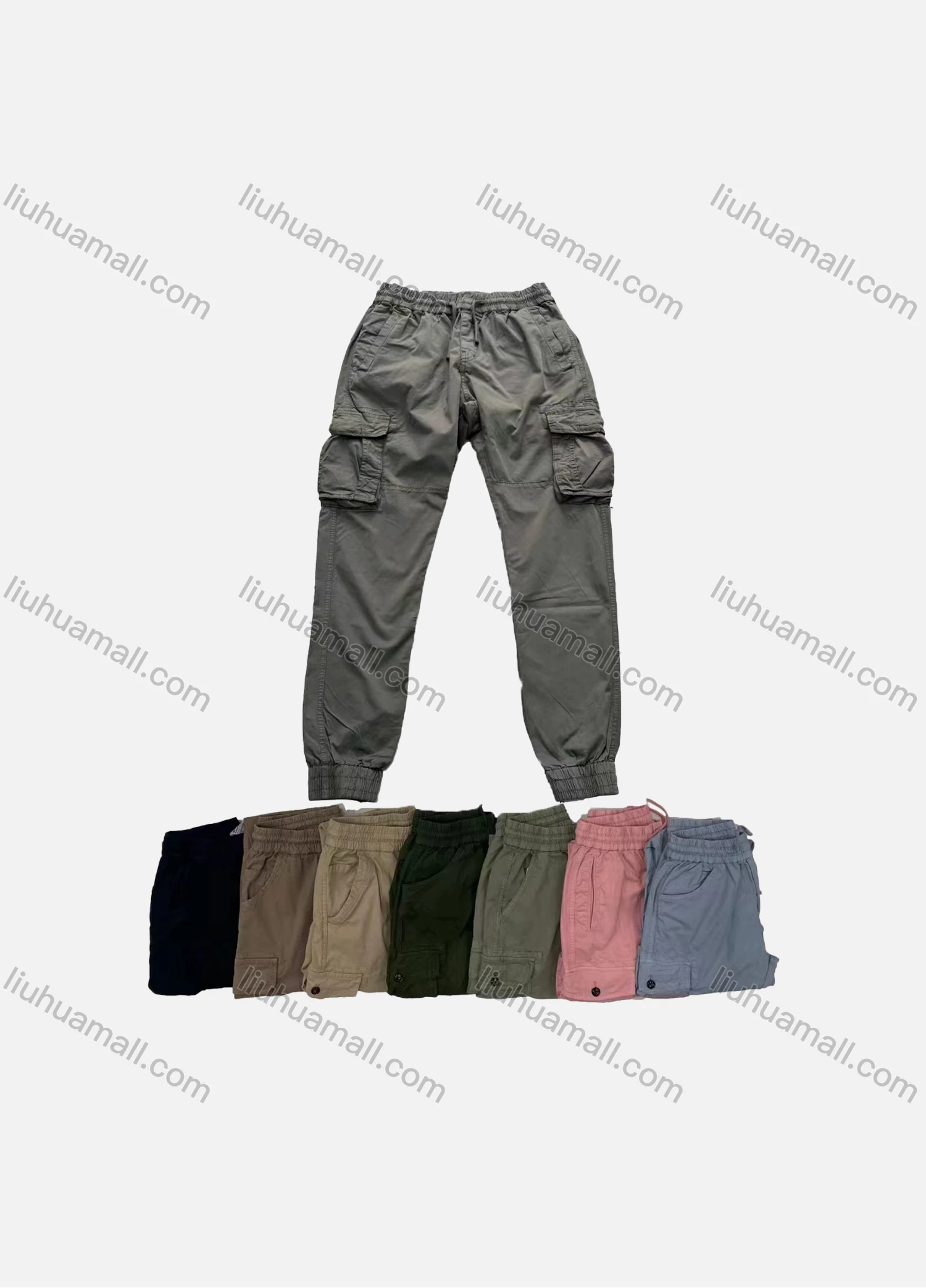 Wholesale Men's Casual Plain Multiple Pockets Elastic Waist Drawstring Cargo Pants FC5608# - Liuhuamall