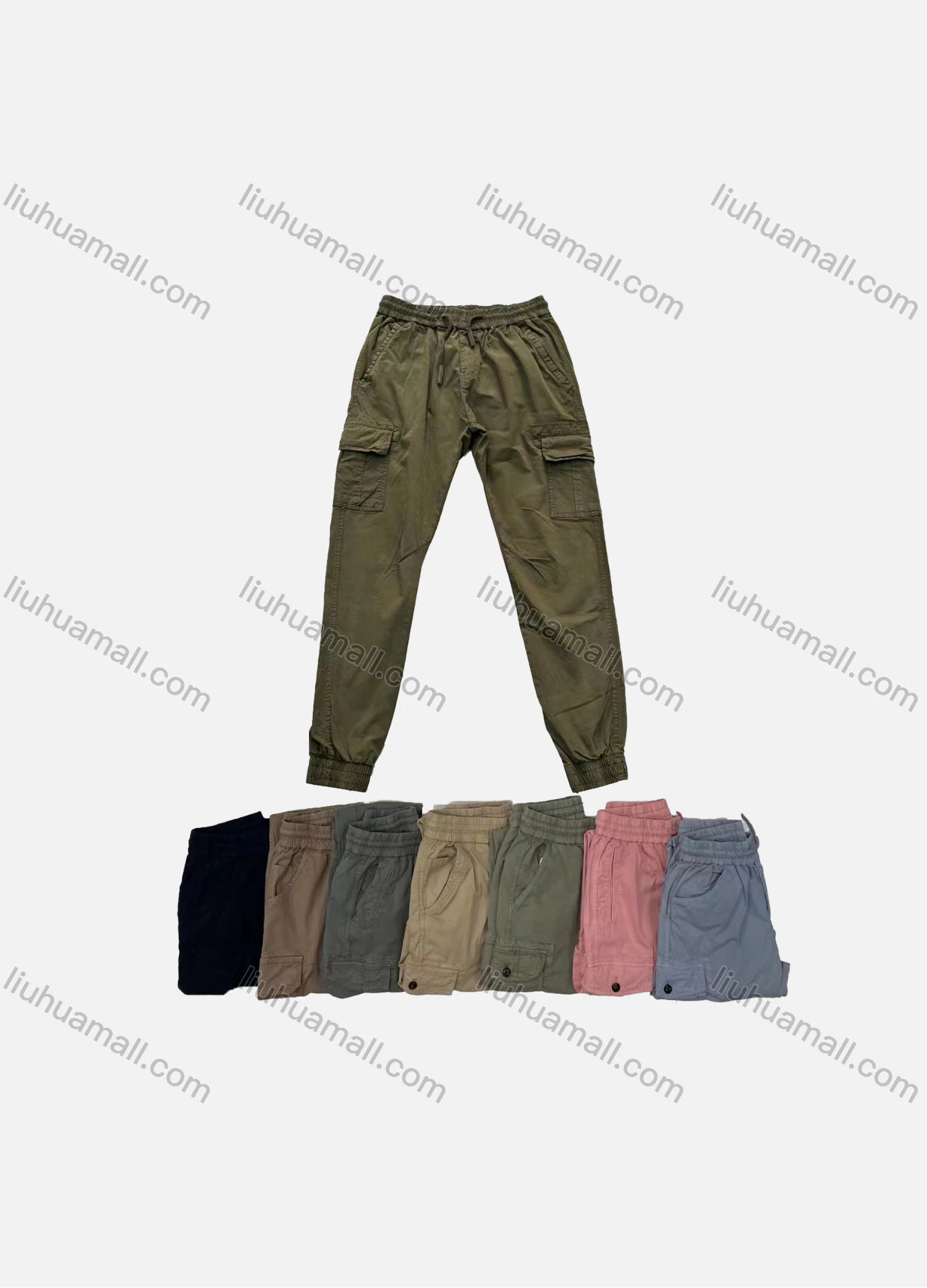 Wholesale Men's Casual Plain Multiple Pockets Elastic Waist Drawstring Cargo Pants FC5609# - Liuhuamall