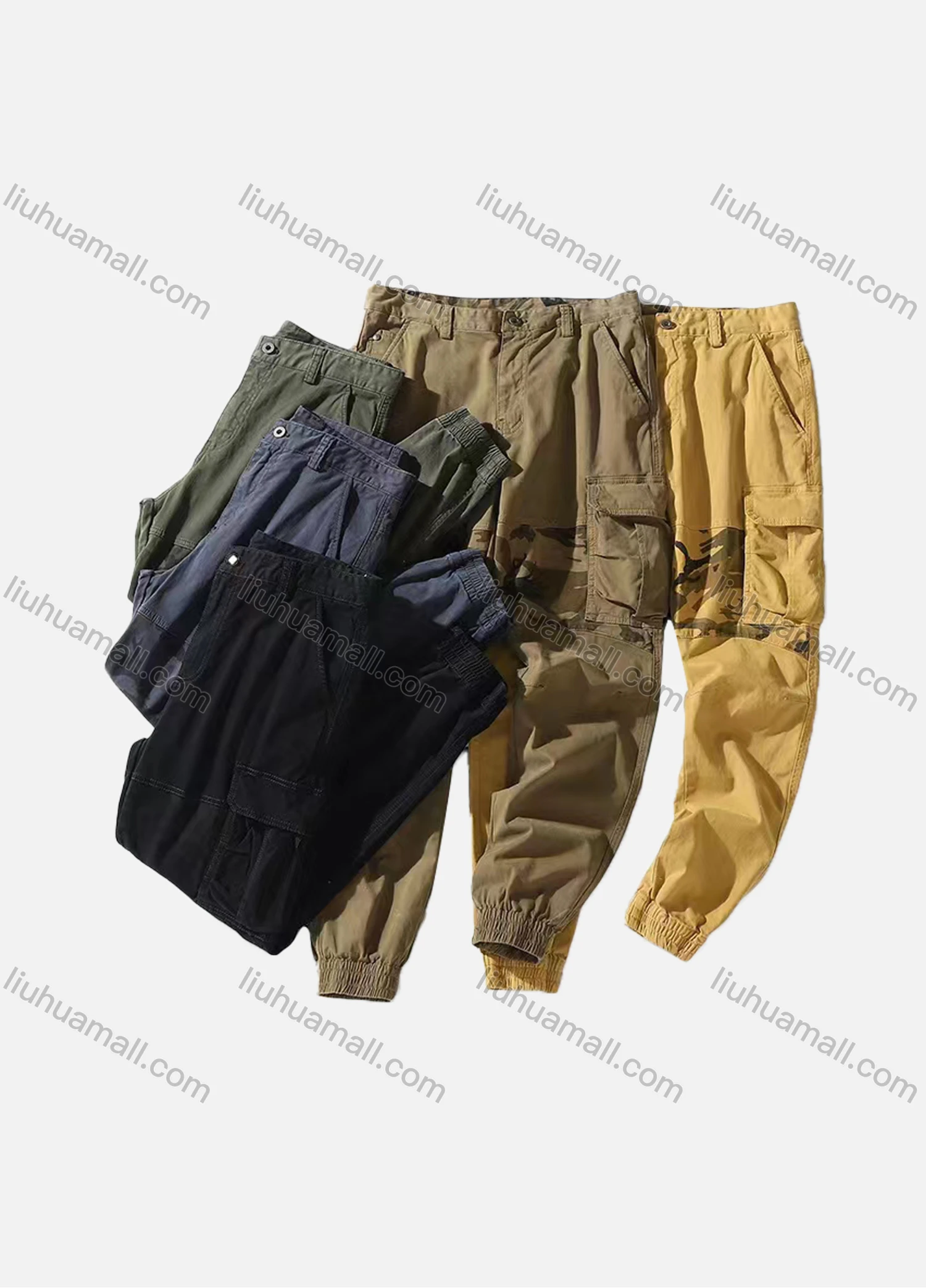 Wholesale Men's Casual Plain Splicing Camouflage Multiple Pockets Cargo Pants W9031# - Liuhuamall