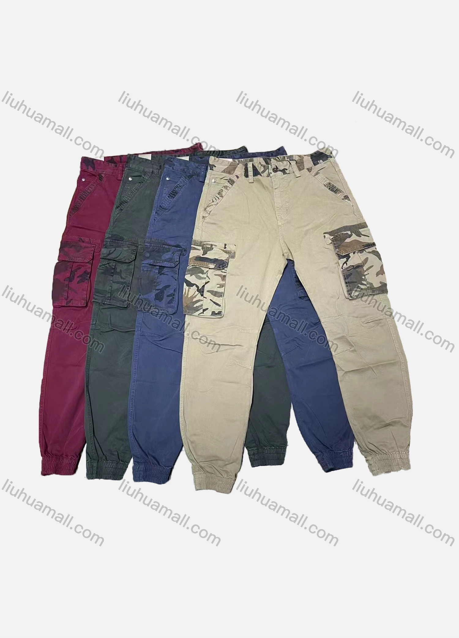 Wholesale Men's Casual Plain Splicing Camouflage Multiple Pockets Cargo Pants W9032# - Liuhuamall