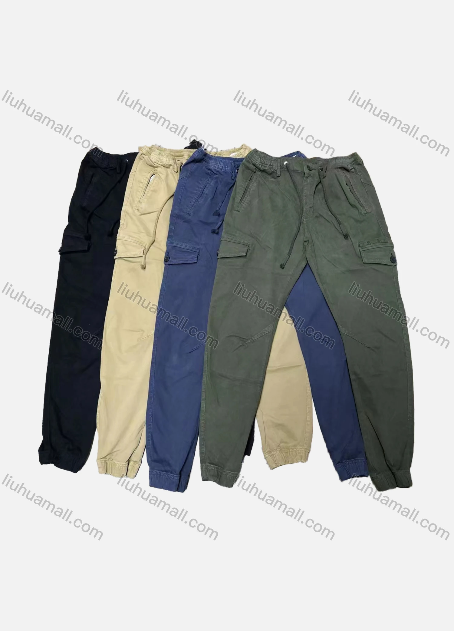 Wholesale Men's Casual Plain Drawstring Multiple Pockets Elastic Waist Cargo Pants W9071# - Liuhuamall