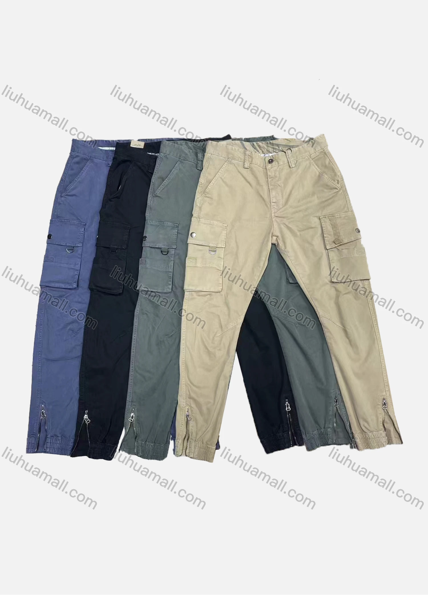 Wholesale Men's Casual Plain Multiple Pockets Zipper Cargo Pants W9081# - Liuhuamall