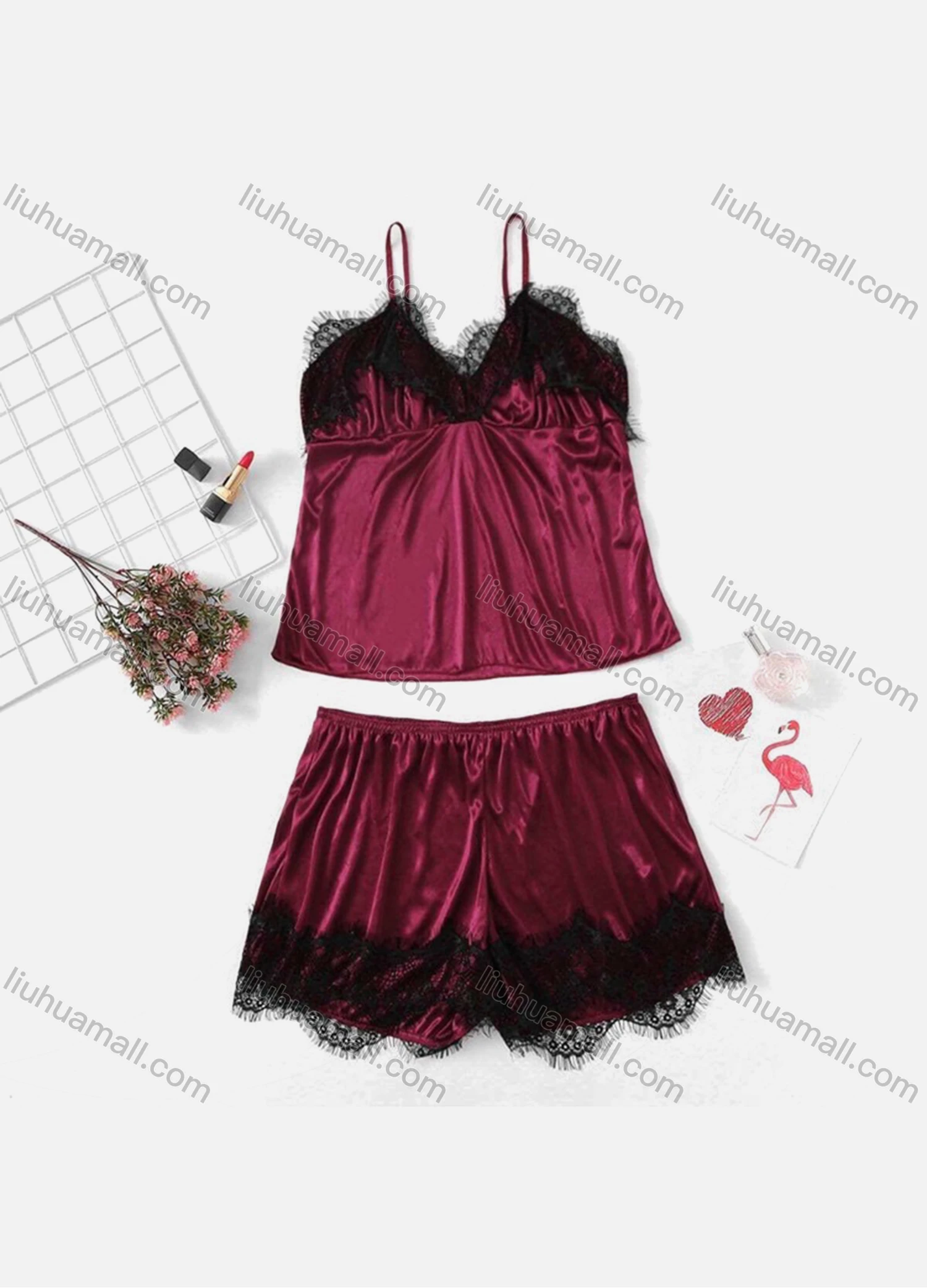 Wholesale Women's Sexy Lace Trim Cami Top & Shorts 2 Piece Pajamas Sets 1339# - Liuhuamall
