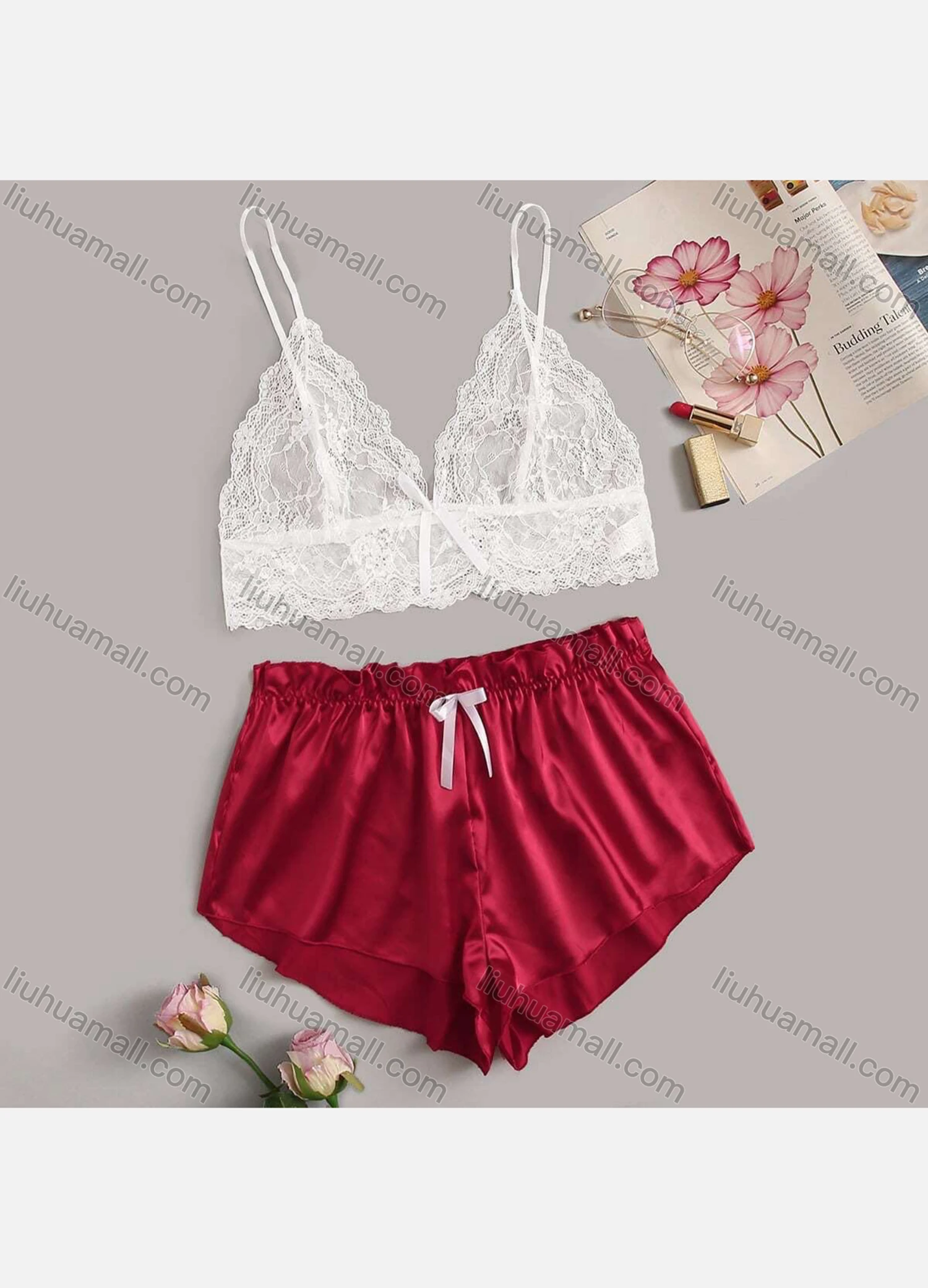 Wholesale Women's Sexy Sheer Lace Crop Cami Top & Drawstring Shorts 2 Piece Pajamas Sets 1340# - Liuhuamall