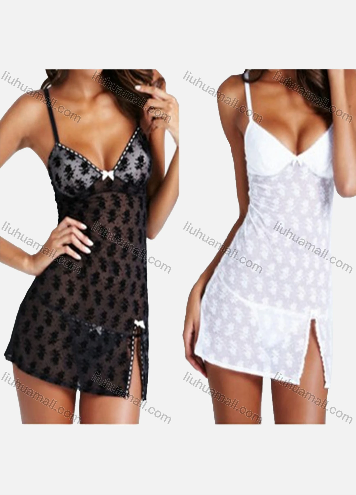 Wholesale Women's Sexy See Through Lace Split Thigh Applique Bow Knot Cami Lingerie 8002# - Liuhuamall