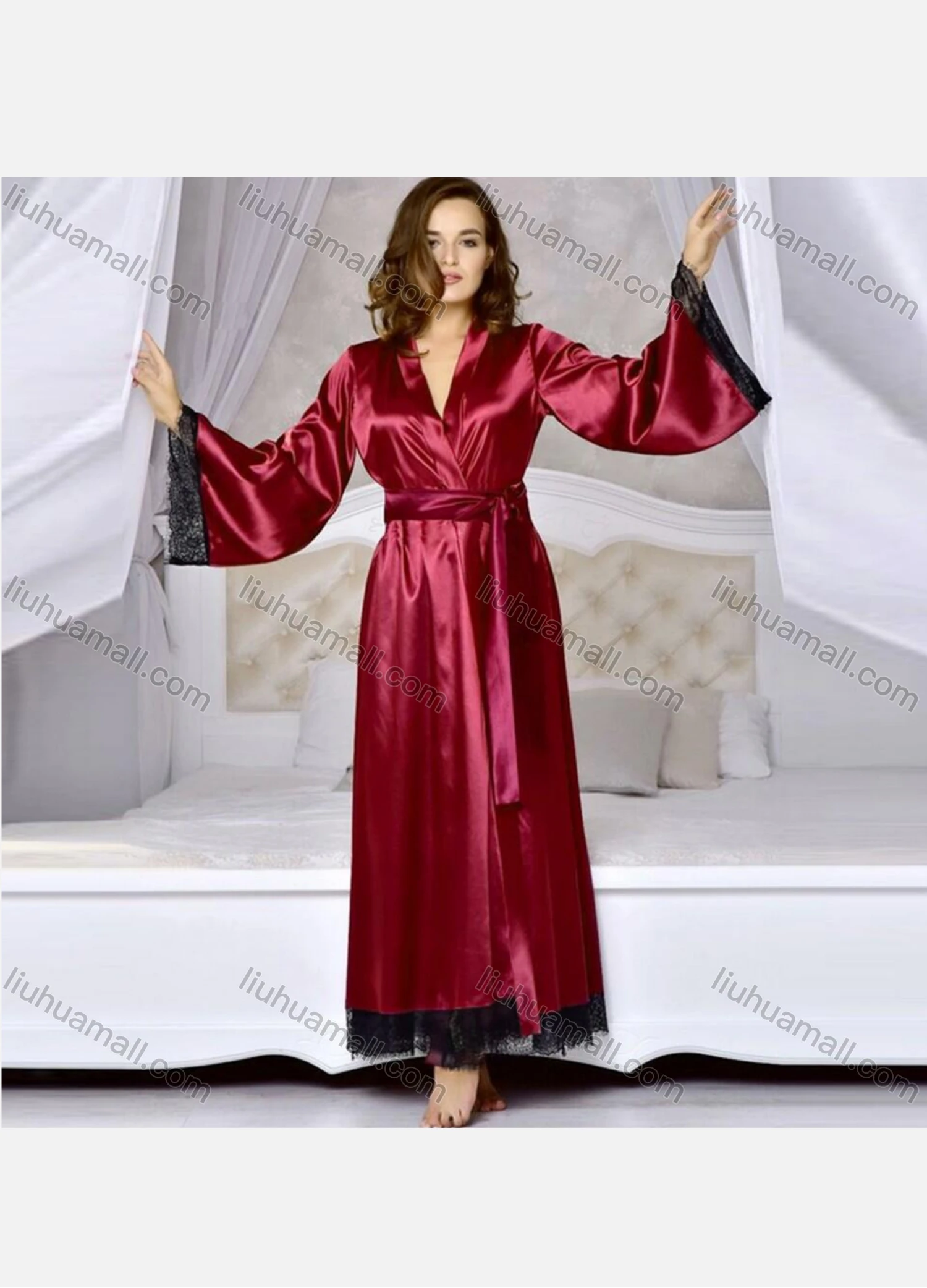 Wholesale Women's Elegant Long Sleeve Wrap Lace Trim Night Robe With Belt 1276# - Liuhuamall