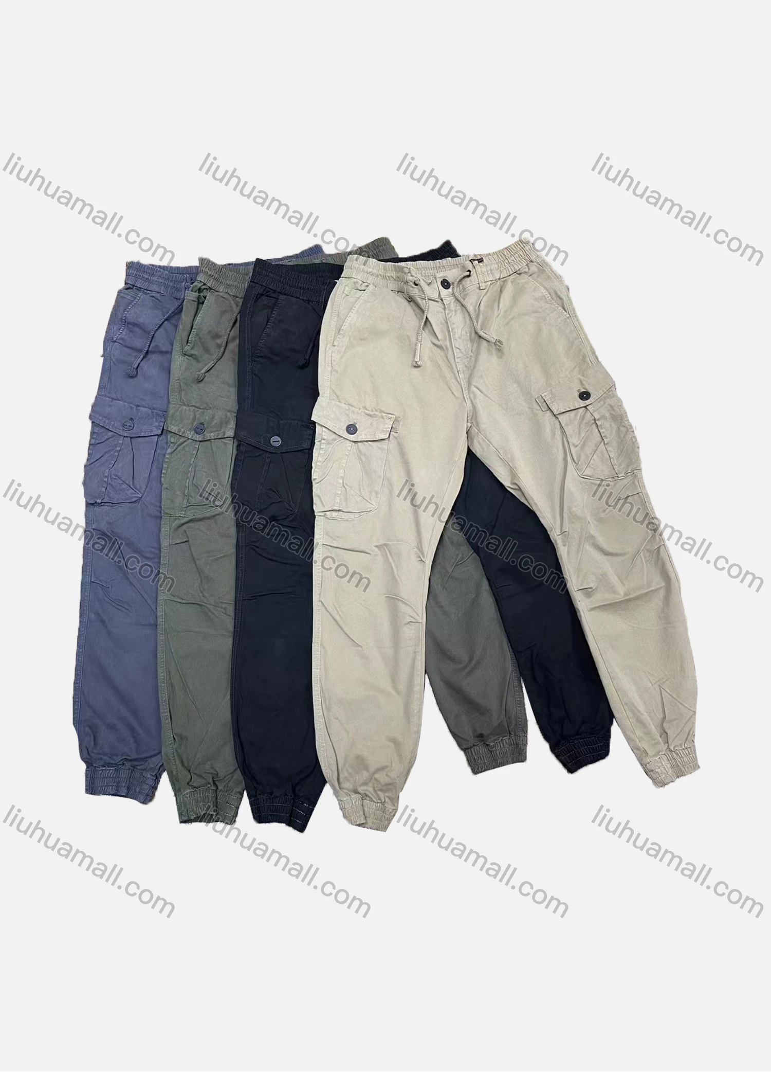 Wholesale Men's Casual Plain Multiple Pockets Drawstring Elastic Waist Cargo Pants W9101# - Liuhuamall