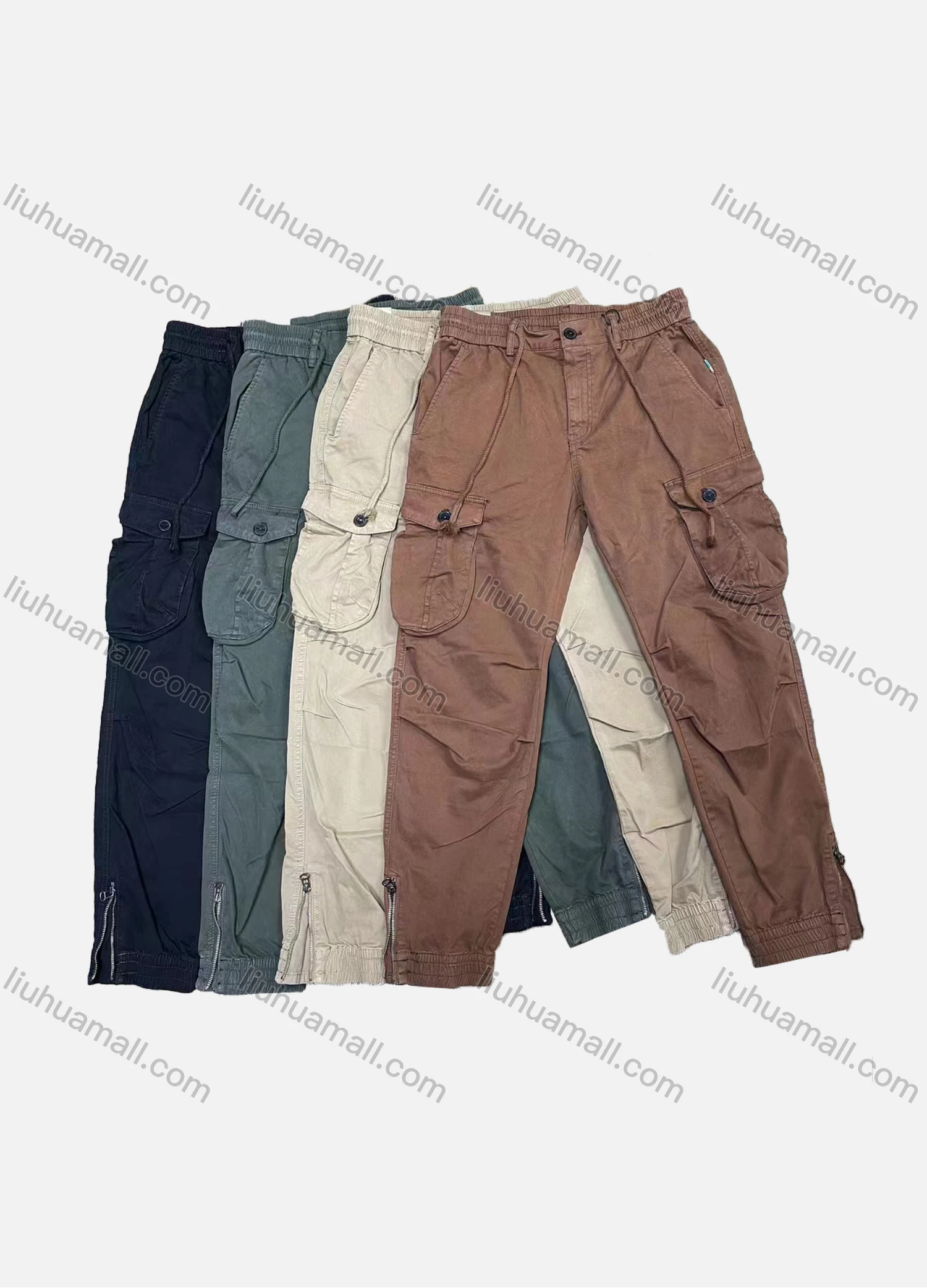 Wholesale Men's Casual Plain Multiple Pockets Drawstring Zip Decor Elastic Waist Cargo Pants W9105# - Liuhuamall