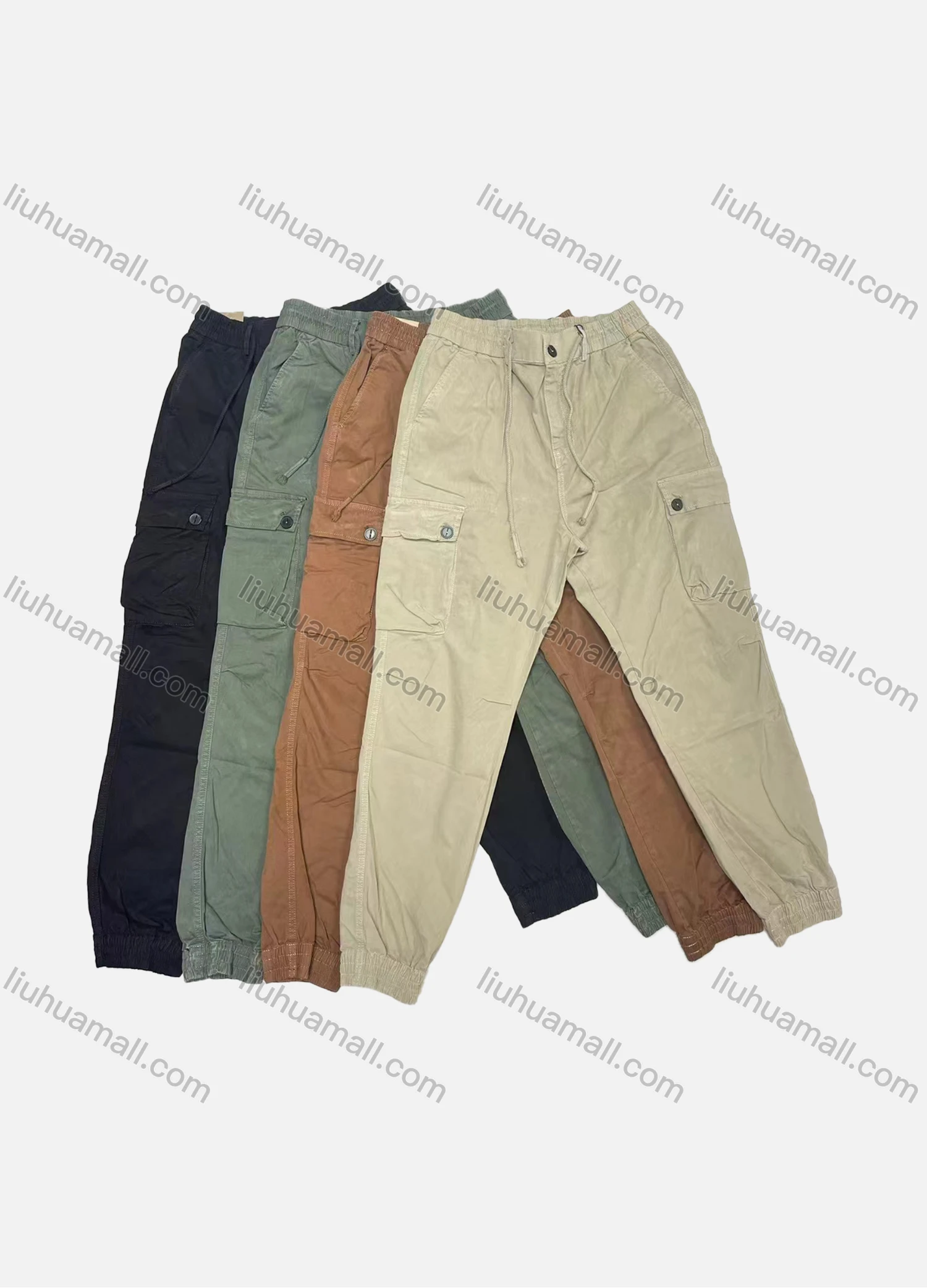 Wholesale Men's Casual Plain Multiple Pockets Drawstring Elastic Waist Cargo Pants W9106# - Liuhuamall