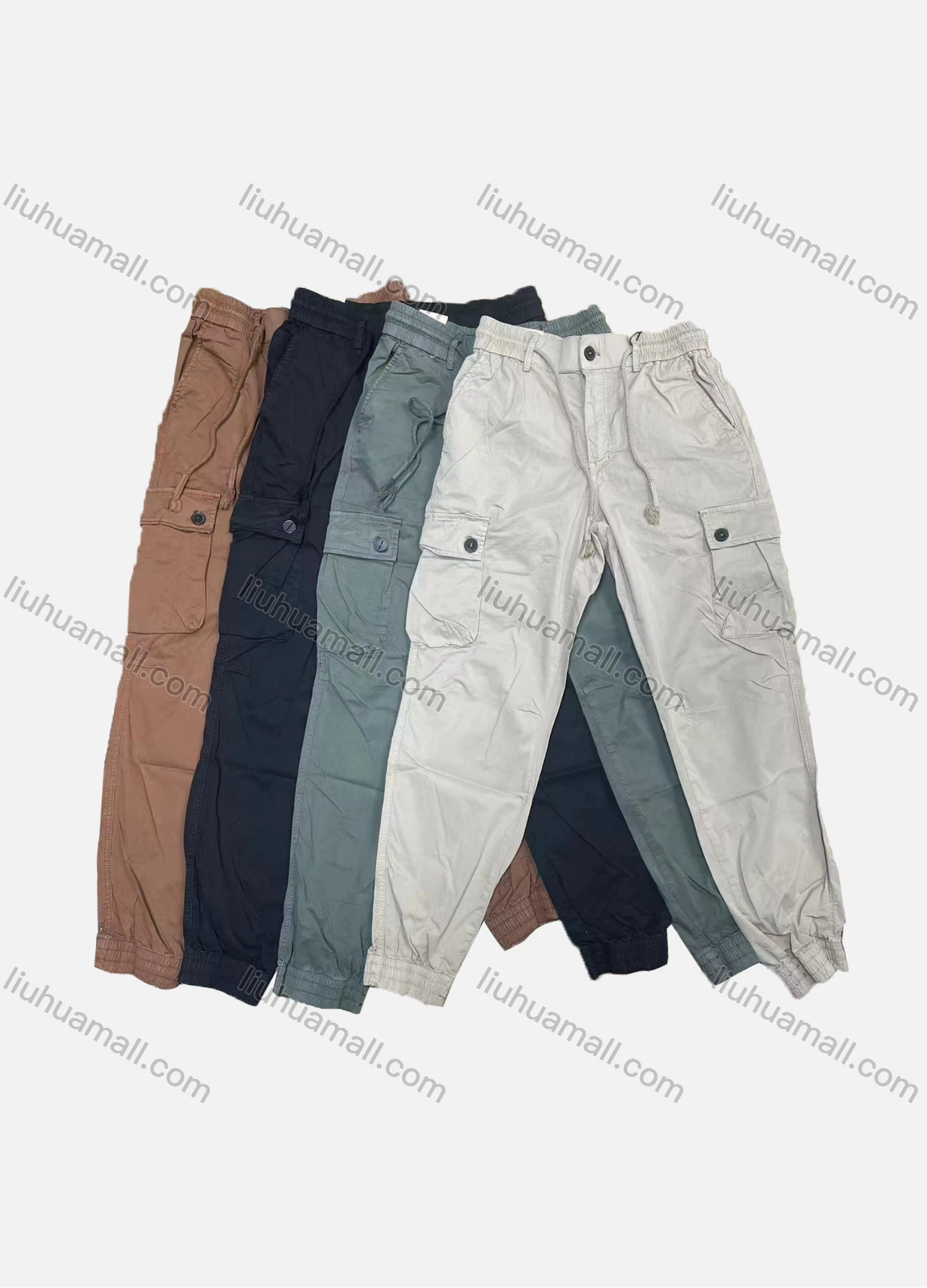 Wholesale Men's Casual Plain Multiple Pockets Drawstring Elastic Waist Cargo Pants W9201# - Liuhuamall