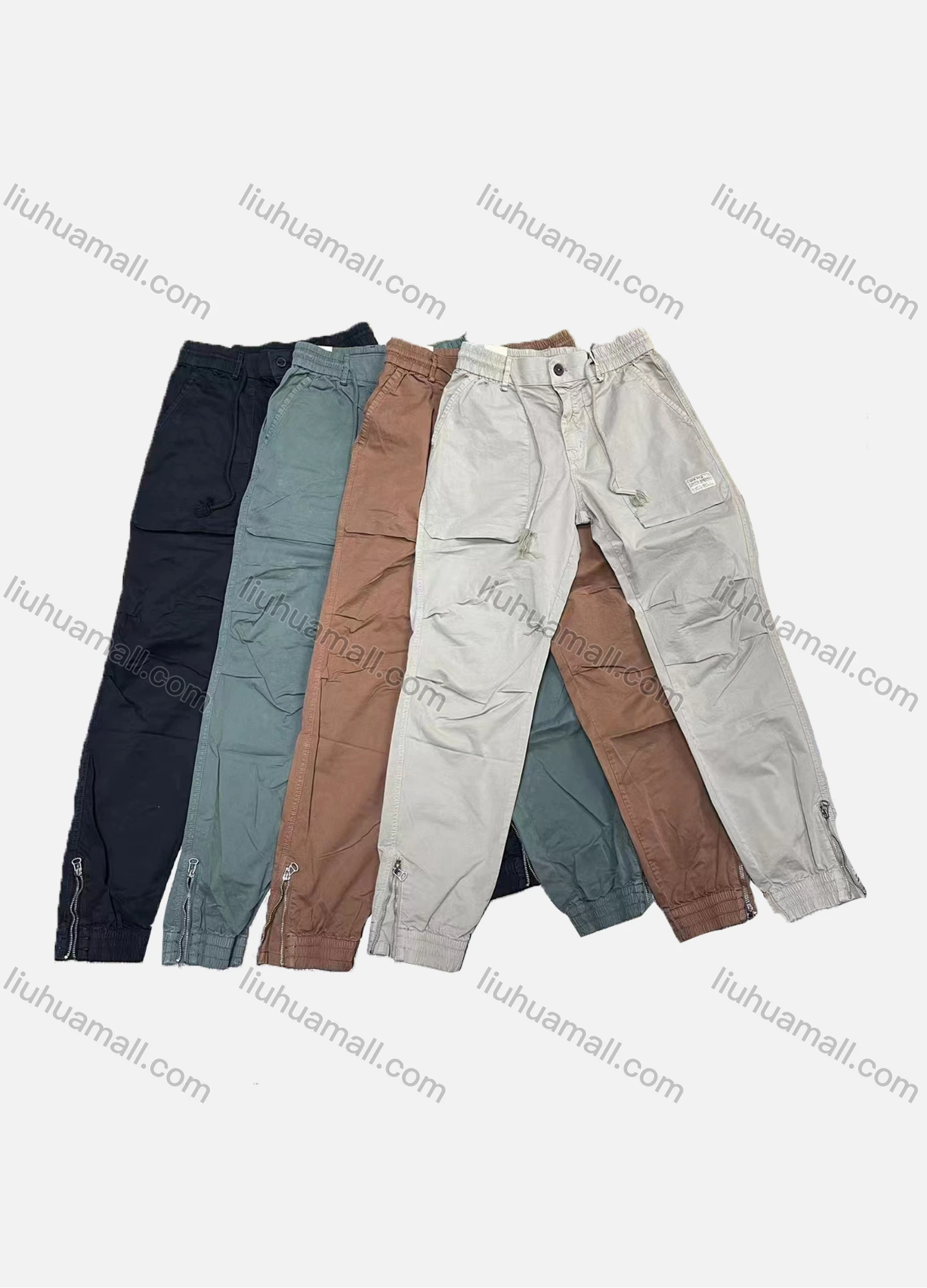 Wholesale Men's Casual Plain Multiple Pockets Drawstring Zip Decor Elastic Waist Cargo Pants W9301# - Liuhuamall