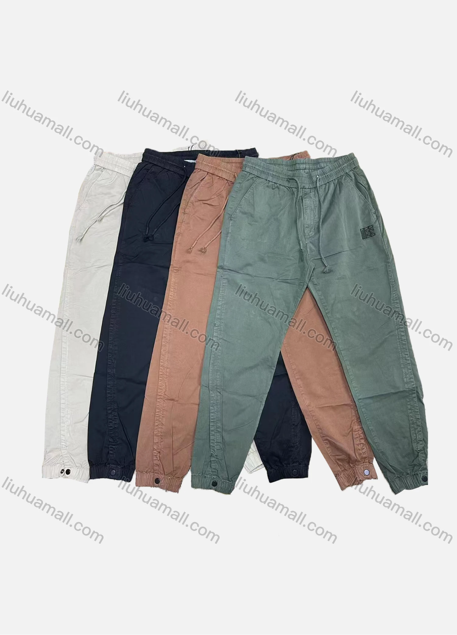 Wholesale Men's Casual Plain Patch Pocket Drawstring Elastic Waist Cargo Pants W9302# - Liuhuamall