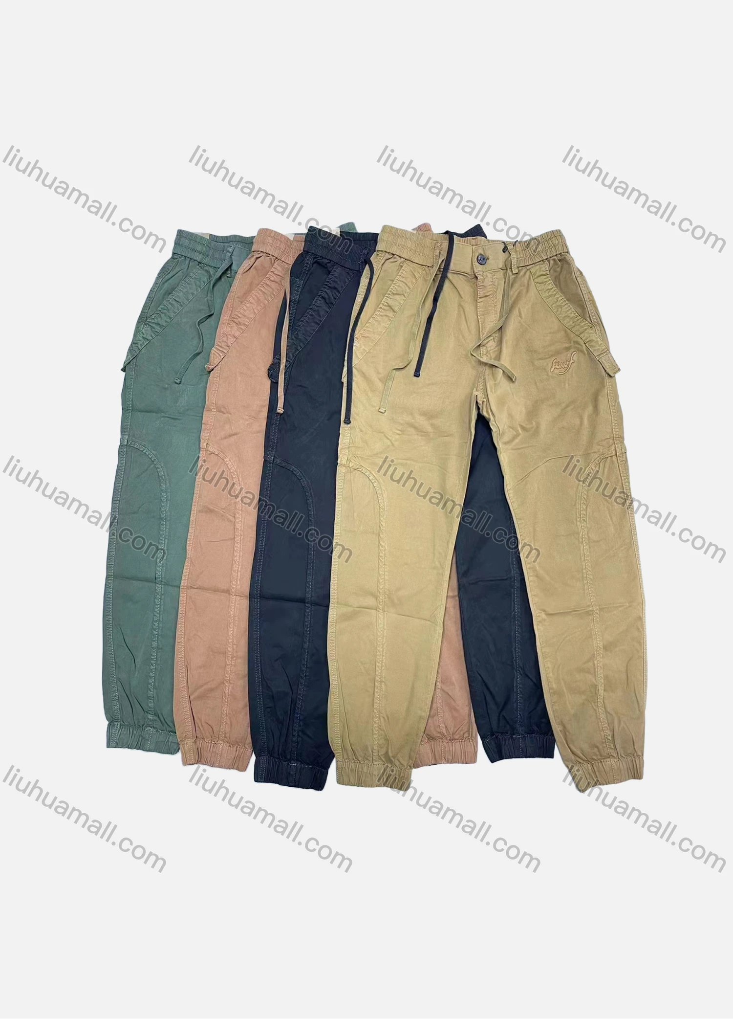 Wholesale Men's Casual Plain Patch Pocket Drawstring Elastic Waist Cargo Pants W9303# - Liuhuamall