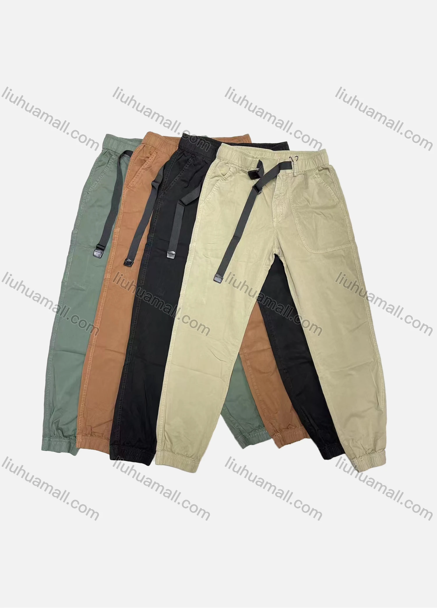 Wholesale Men's Casual Plain Patch Pocket Drawstring Elastic Waist Cargo Pants W9305# - Liuhuamall