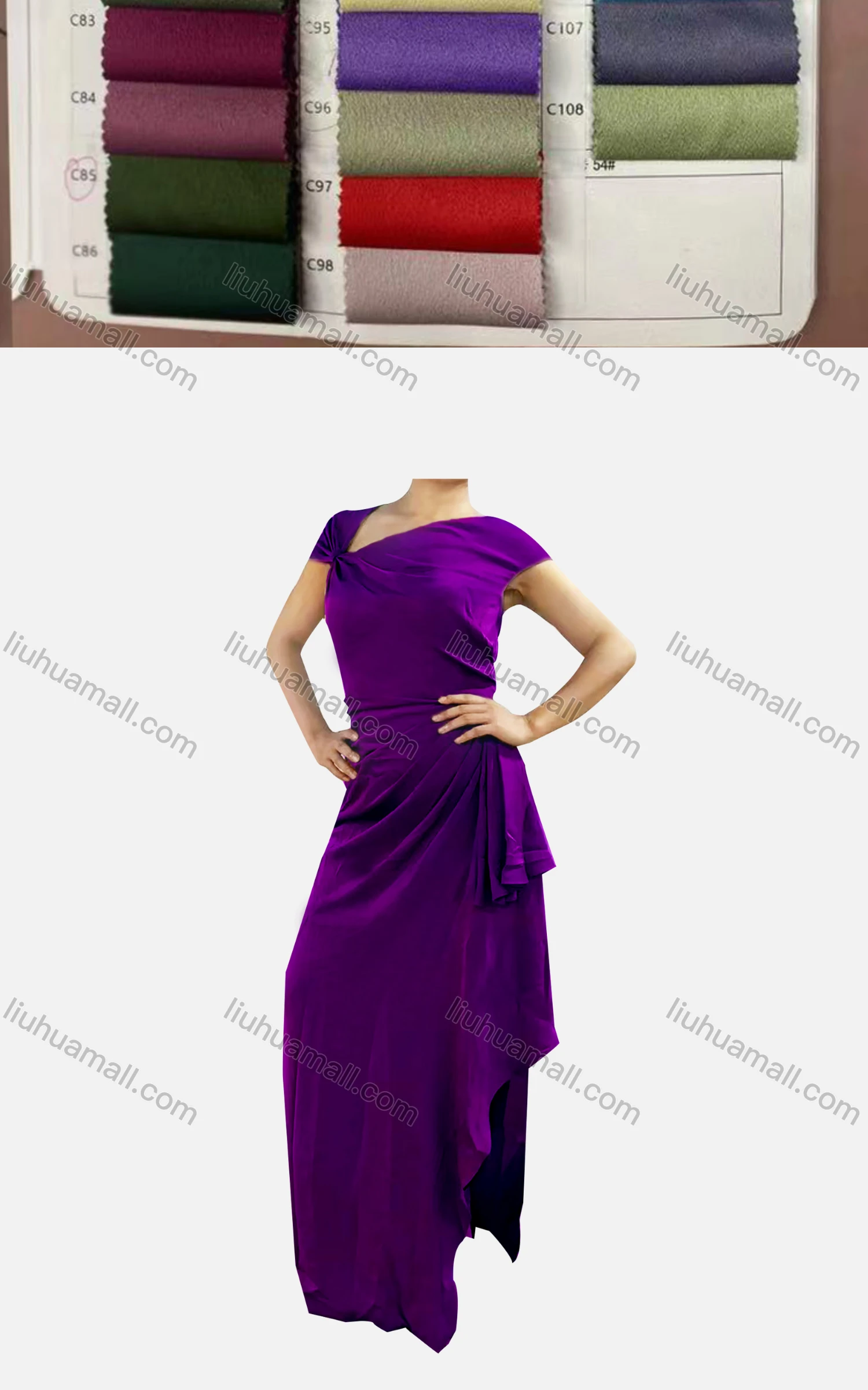 Wholesale Women's Elegant Plain Asymmetrical Neck Ruched High Low Hem Dress - Liuhuamall