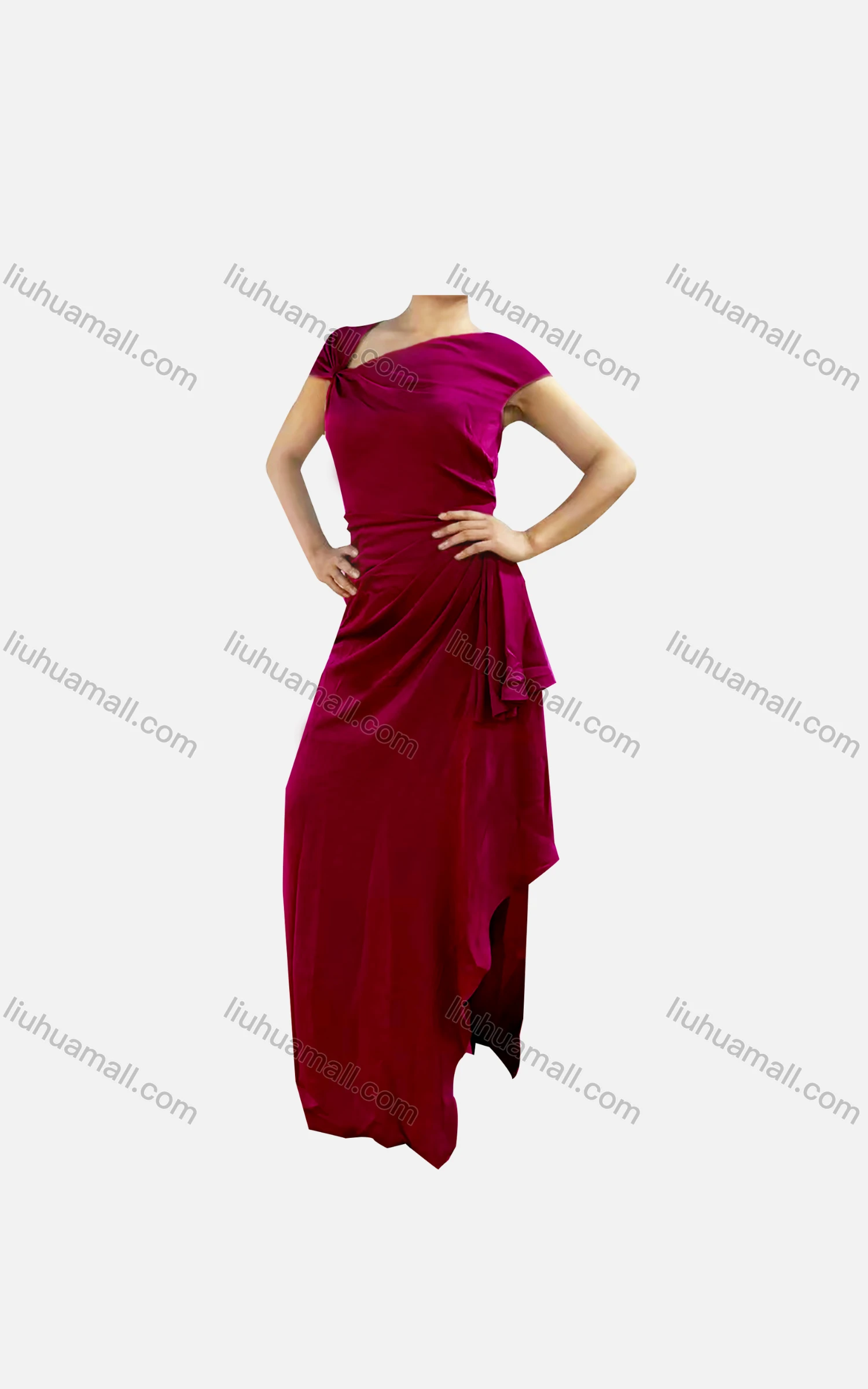 Wholesale Women's Elegant Plain Asymmetrical Neck Ruched High Low Hem Dress - Liuhuamall