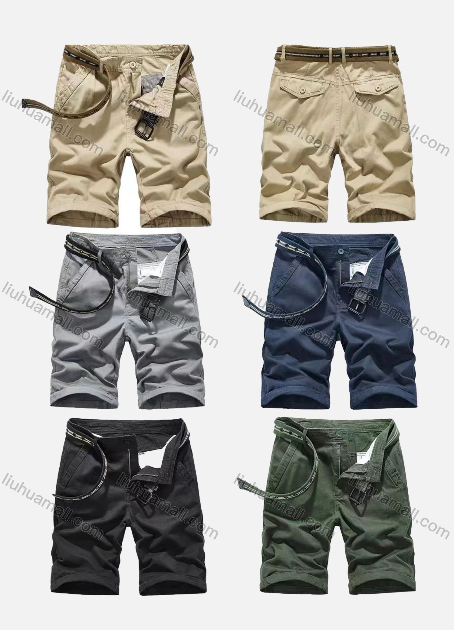 Wholesale Men's Casual Plain Multiple Pockets Shorts With Belt 17152# - Liuhuamall