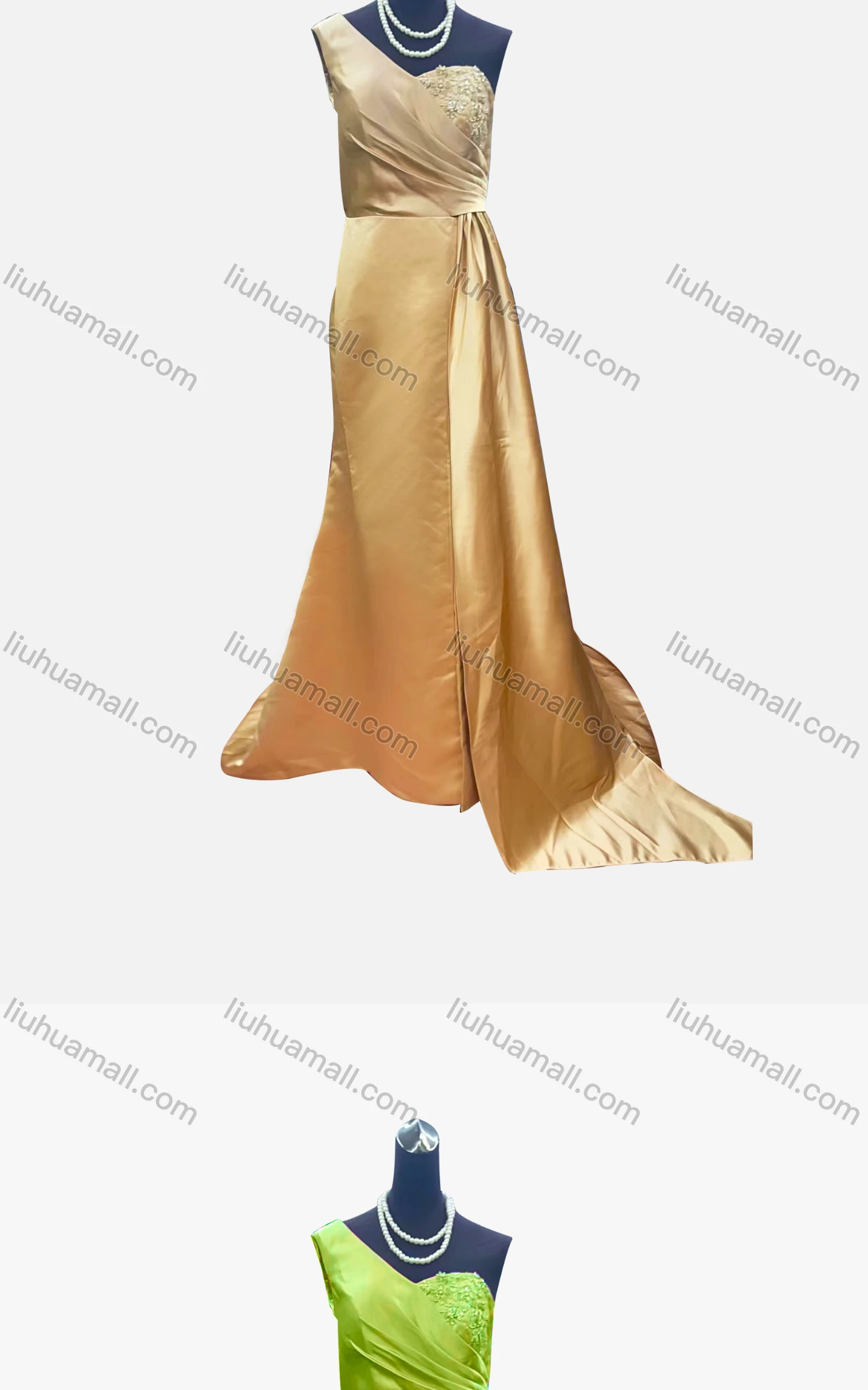 Wholesale Women's Elegant Plain One Shoulder Ruched Split Hem Beaded Applique Floor Length Evening Dress - Liuhuamall