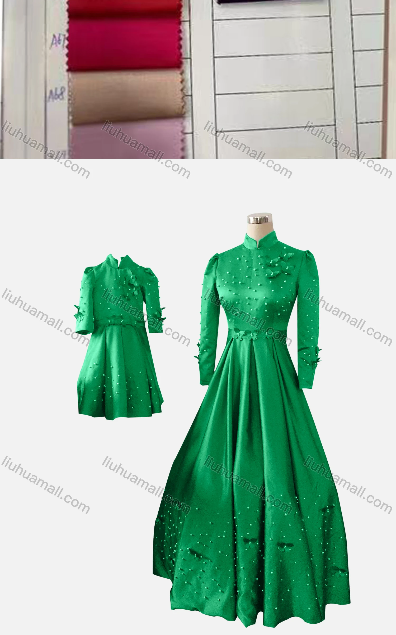 Wholesale Women's & Girl's Elegant Stand Collar Plain Butterfly Pearl Decor Ruched 2 Pieces Dress - Liuhuamall