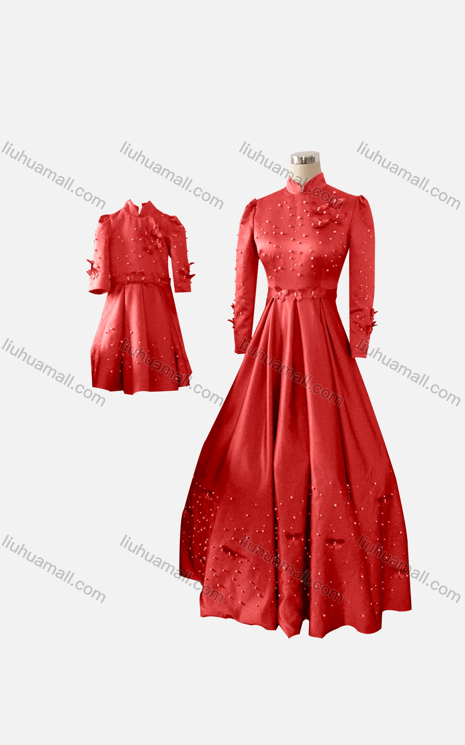 Wholesale Women's & Girl's Elegant Stand Collar Plain Butterfly Pearl Decor Ruched 2 Pieces Dress - Liuhuamall