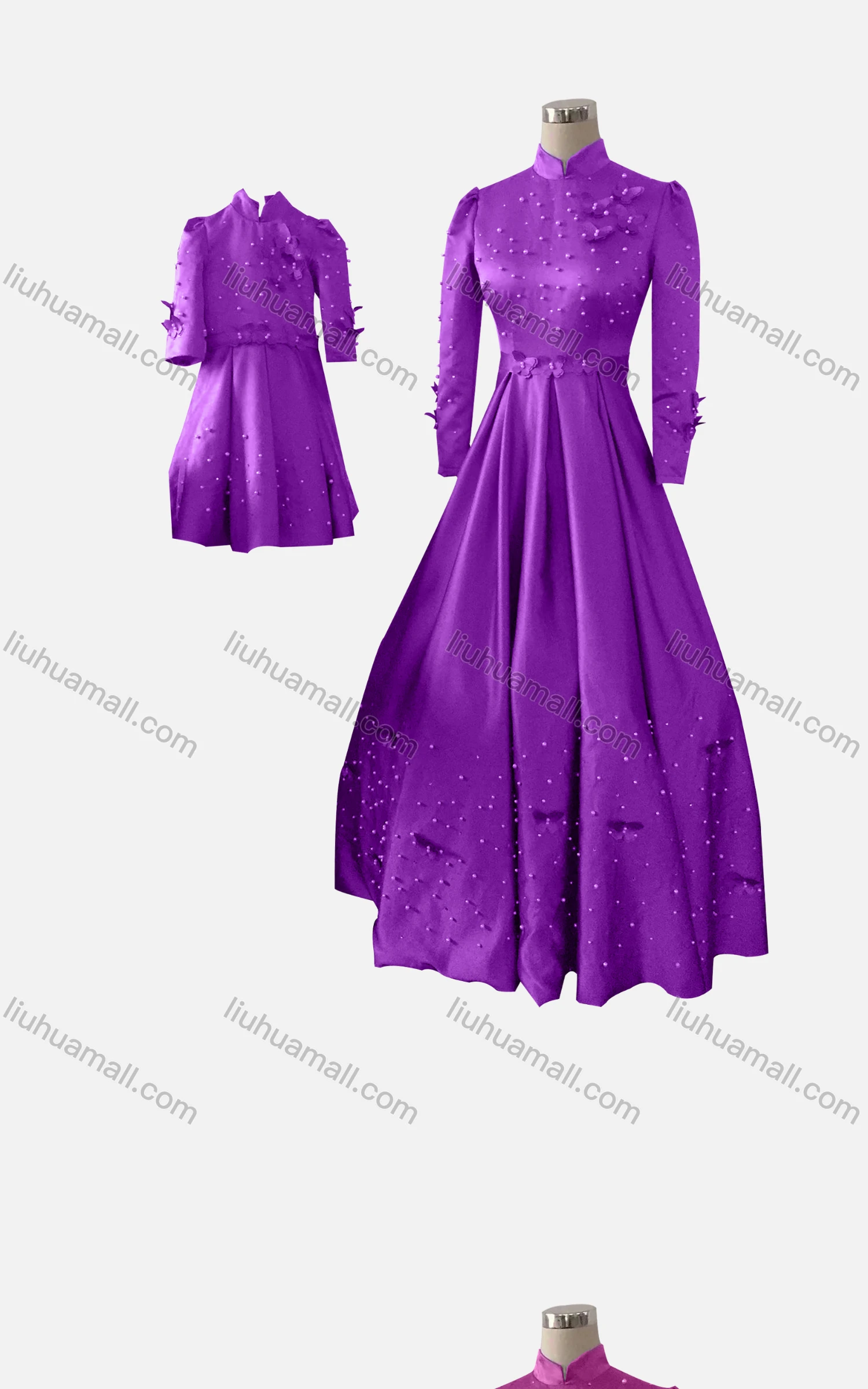 Wholesale Women's & Girl's Elegant Stand Collar Plain Butterfly Pearl Decor Ruched 2 Pieces Dress - Liuhuamall