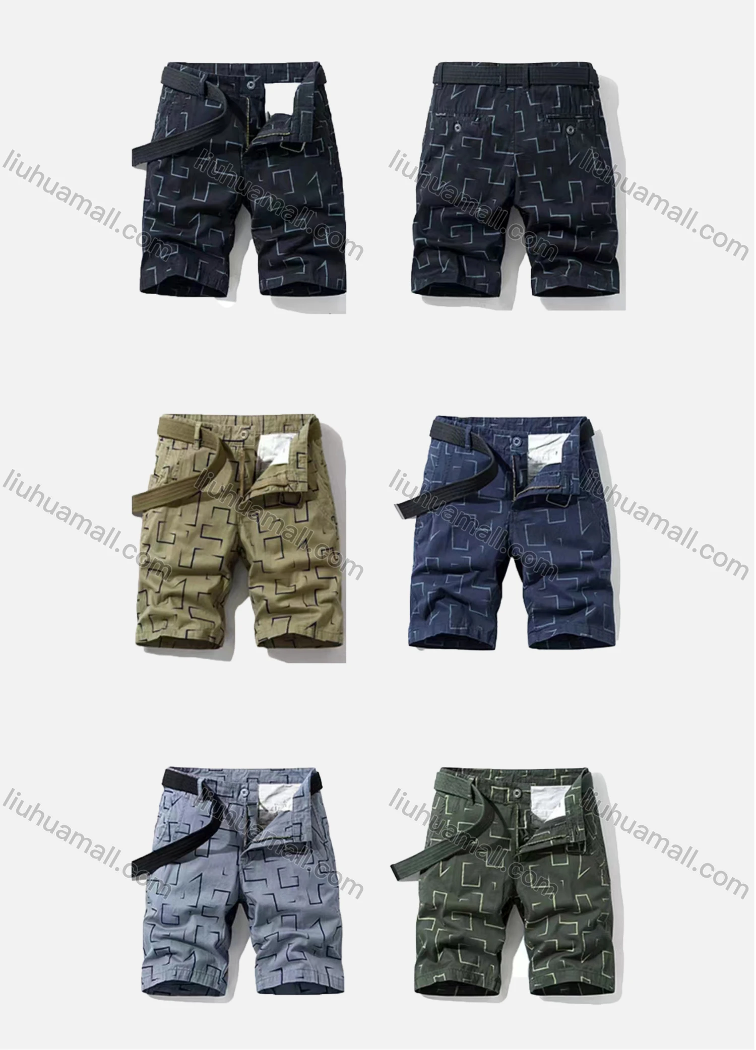 Wholesale Men's Casual Allover Print Multiple Pockets Shorts With Belt 18054# - Liuhuamall
