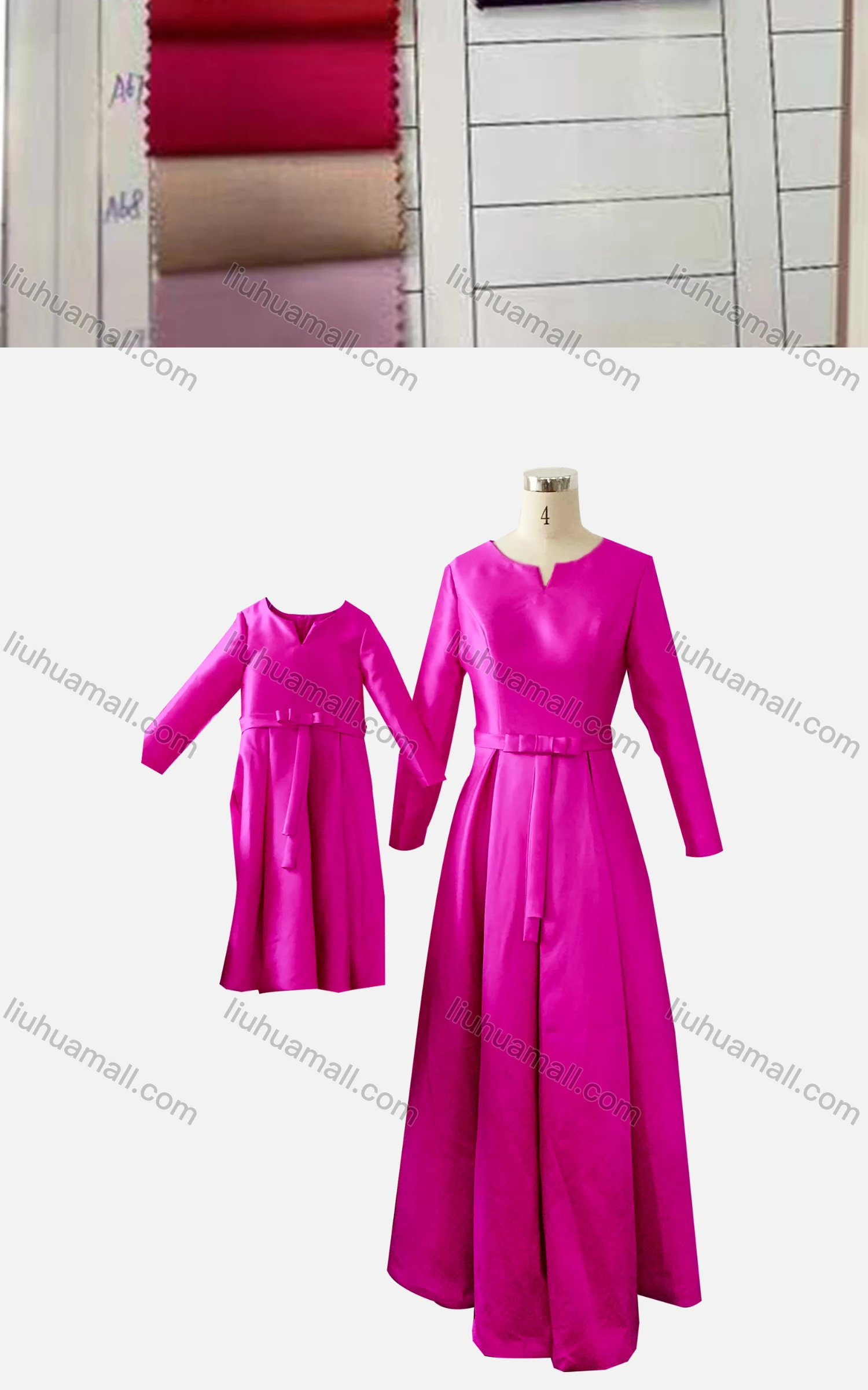 Wholesale Women's & Girl's Elegant Plain Notched Collar Bow Knot Ruffle Hem 2 Pieces Dress With Belt - Liuhuamall