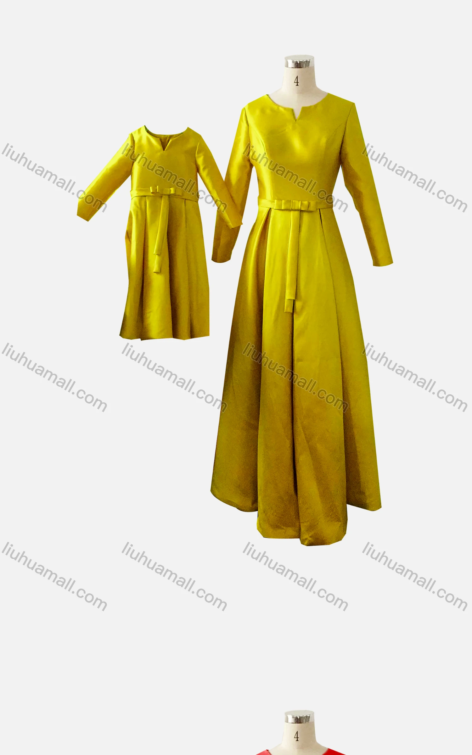 Wholesale Women's & Girl's Elegant Plain Notched Collar Bow Knot Ruffle Hem 2 Pieces Dress With Belt - Liuhuamall