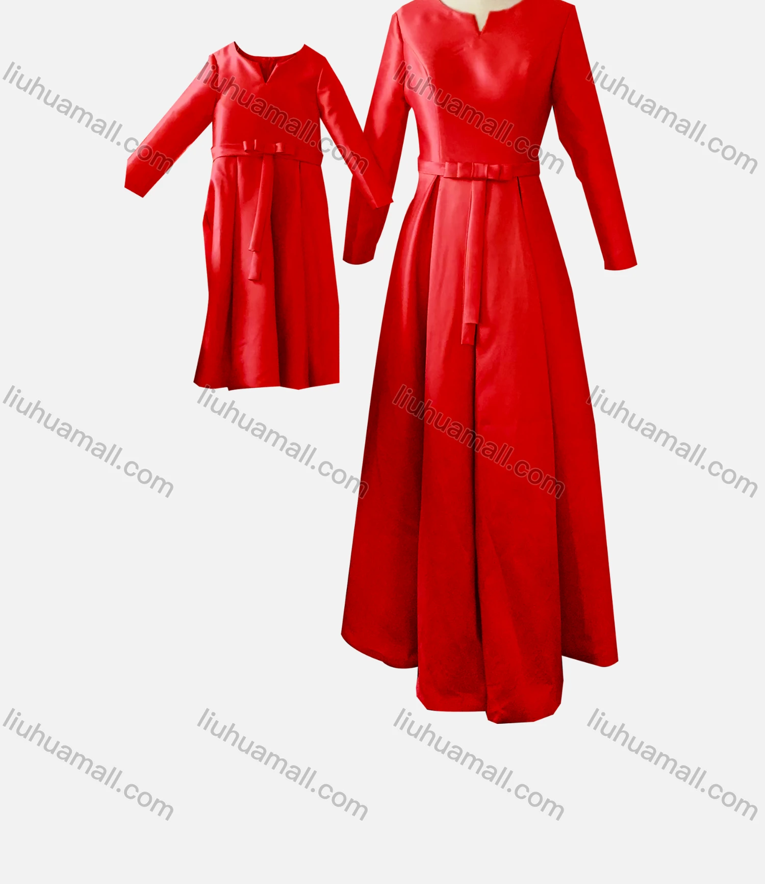 Wholesale Women's & Girl's Elegant Plain Notched Collar Bow Knot Ruffle Hem 2 Pieces Dress With Belt - Liuhuamall