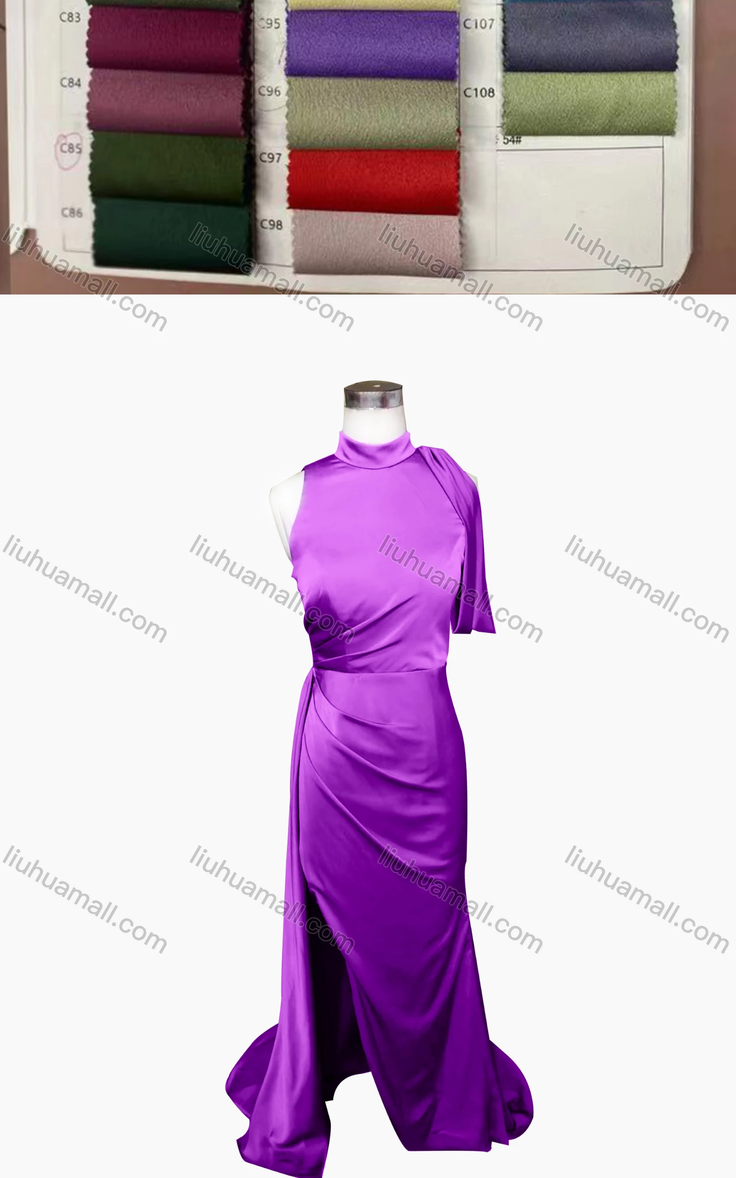Wholesale Women's Elegant Plain Stand Collar Sleeveless Ruched Split Side Floor Length Evening Dress - Liuhuamall
