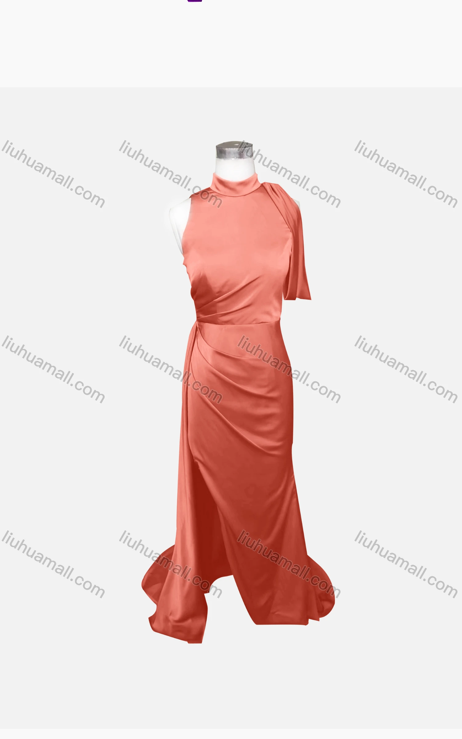 Wholesale Women's Elegant Plain Stand Collar Sleeveless Ruched Split Side Floor Length Evening Dress - Liuhuamall