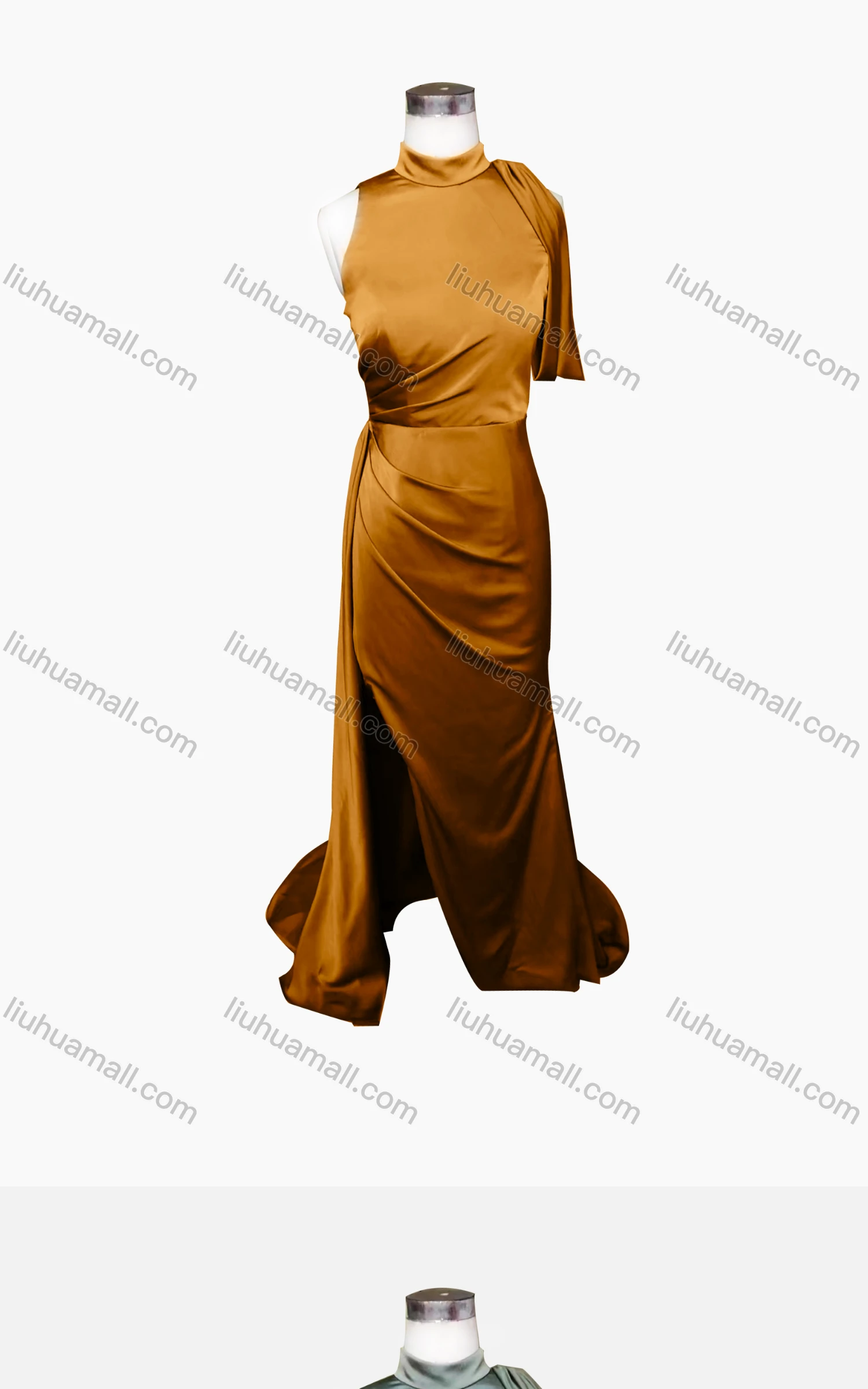 Wholesale Women's Elegant Plain Stand Collar Sleeveless Ruched Split Side Floor Length Evening Dress - Liuhuamall