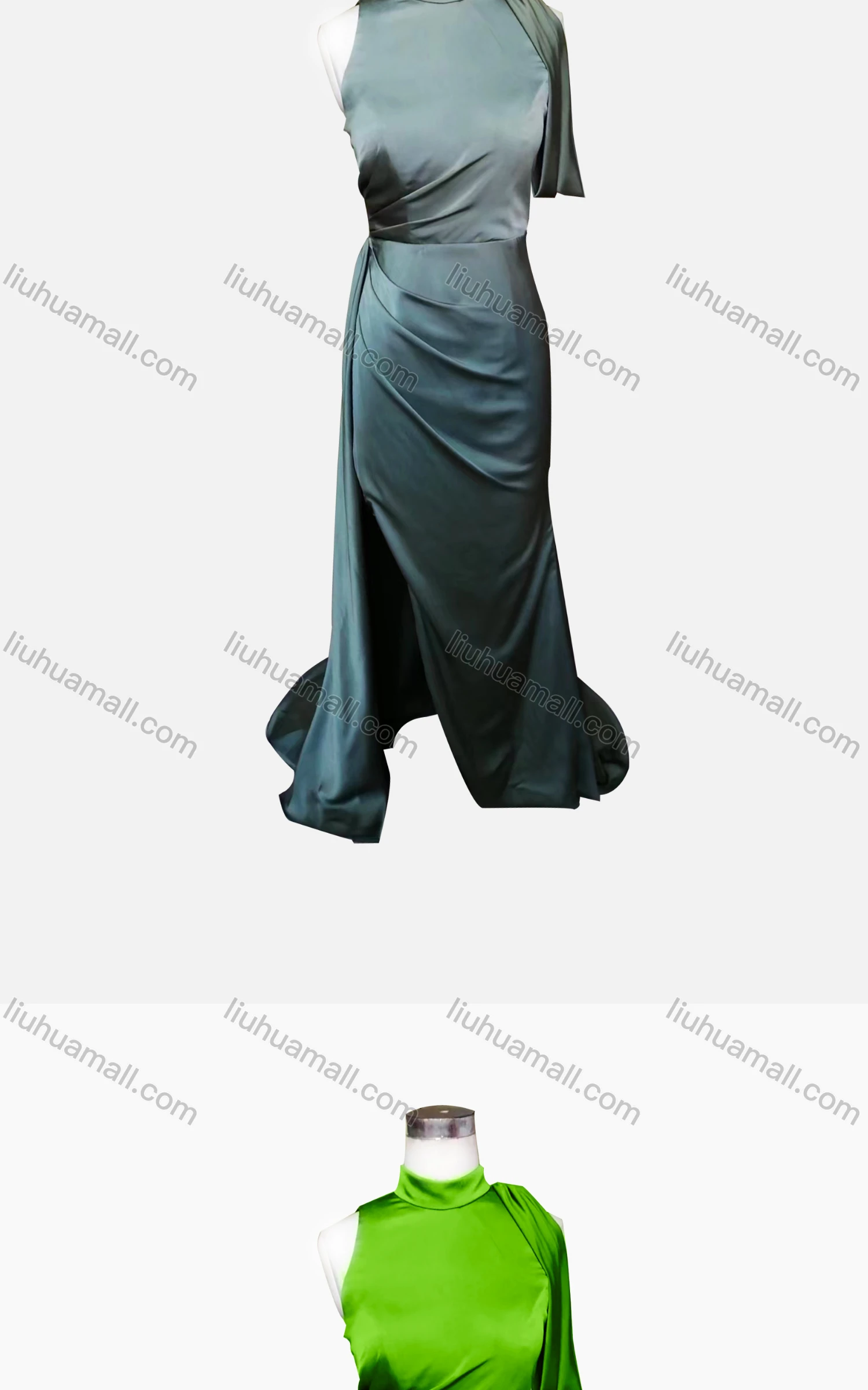 Wholesale Women's Elegant Plain Stand Collar Sleeveless Ruched Split Side Floor Length Evening Dress - Liuhuamall