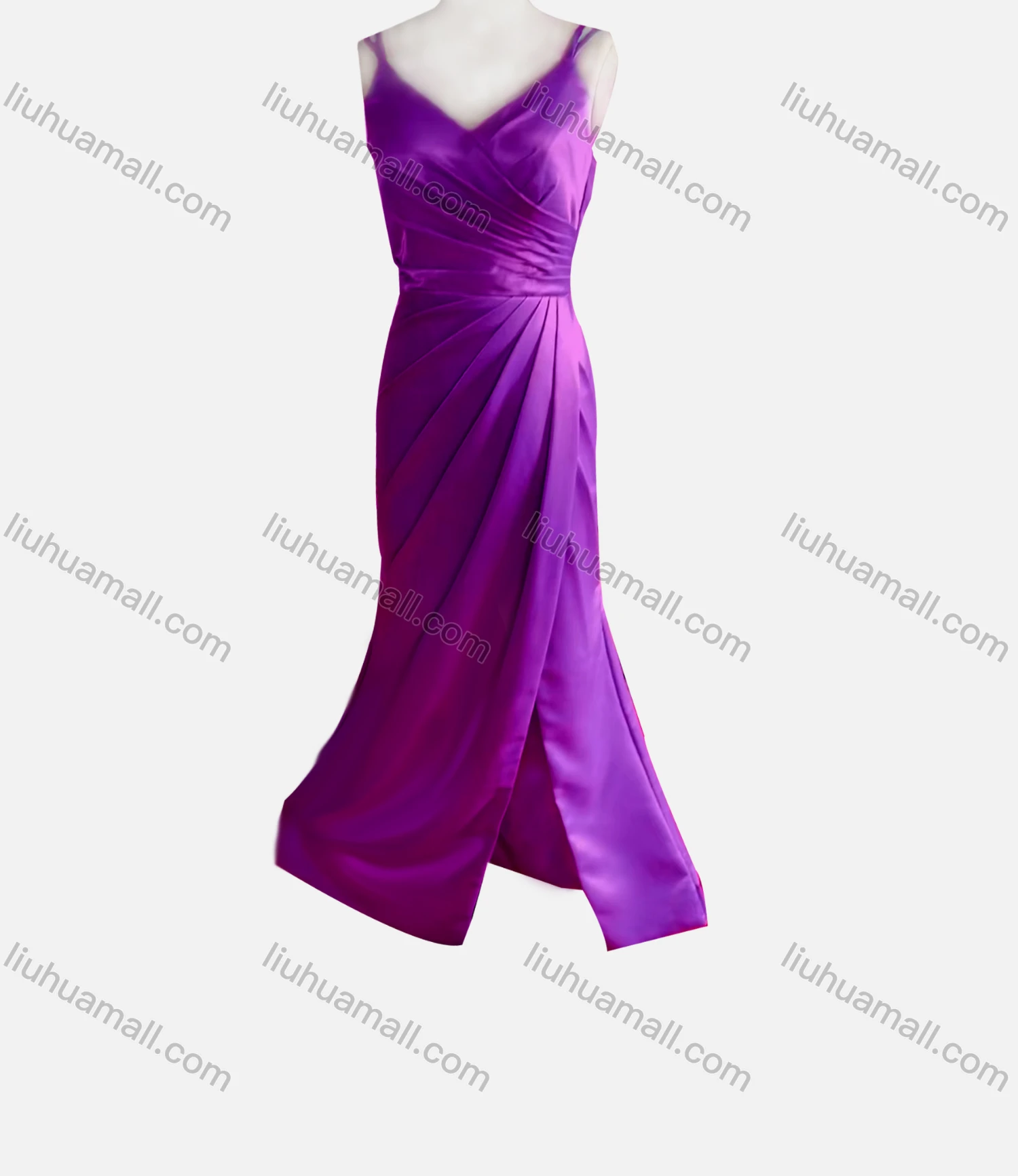 Wholesale Women's Elegant Plain Spaghetti Strap Ruched Wrap Hem Floor Length Evening Dress - Liuhuamall