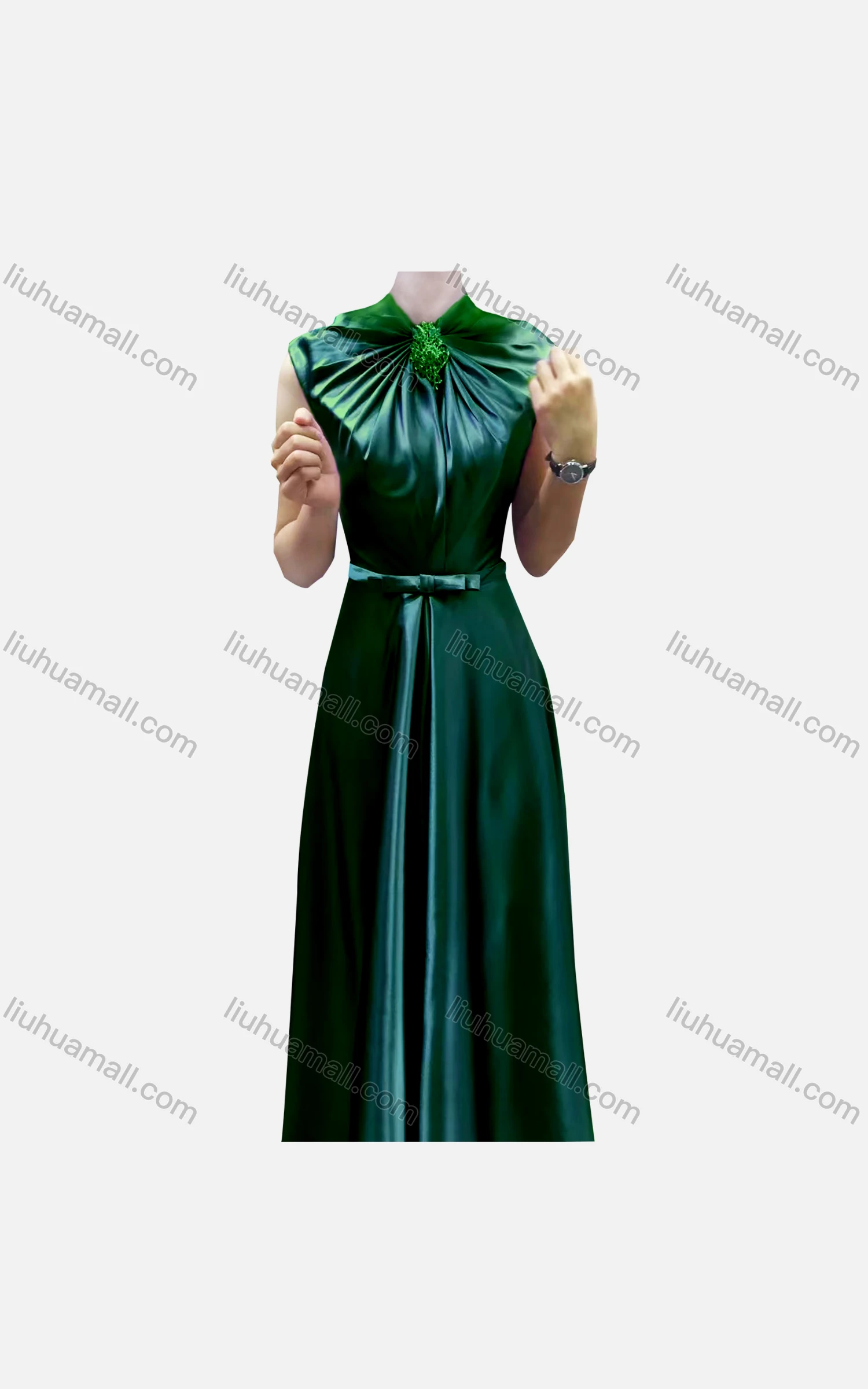 Wholesale Women's Elegant Plain Sleeveless Ruched Bow Knot Evening Dress - Liuhuamall
