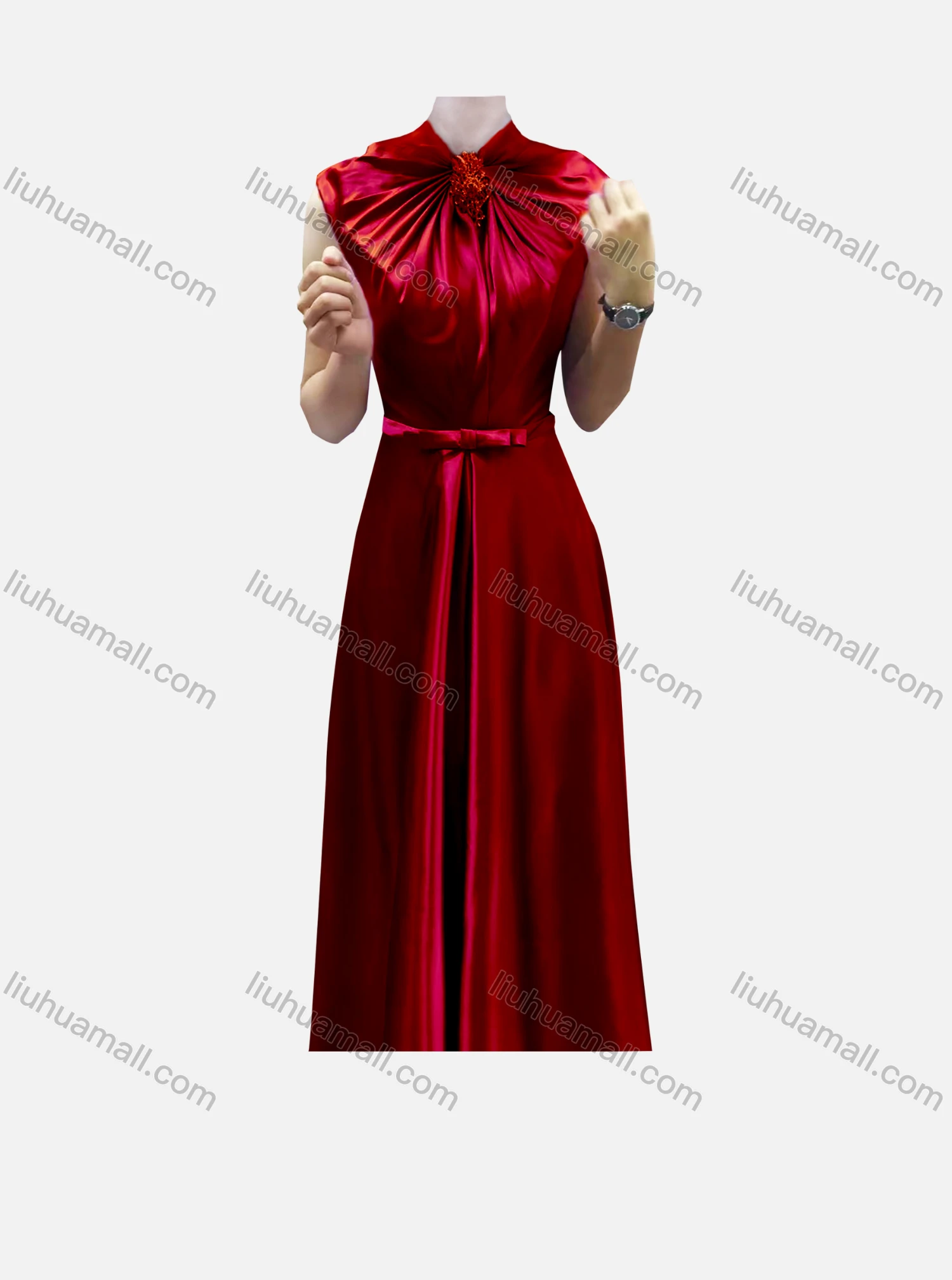 Wholesale Women's Elegant Plain Sleeveless Ruched Bow Knot Evening Dress - Liuhuamall