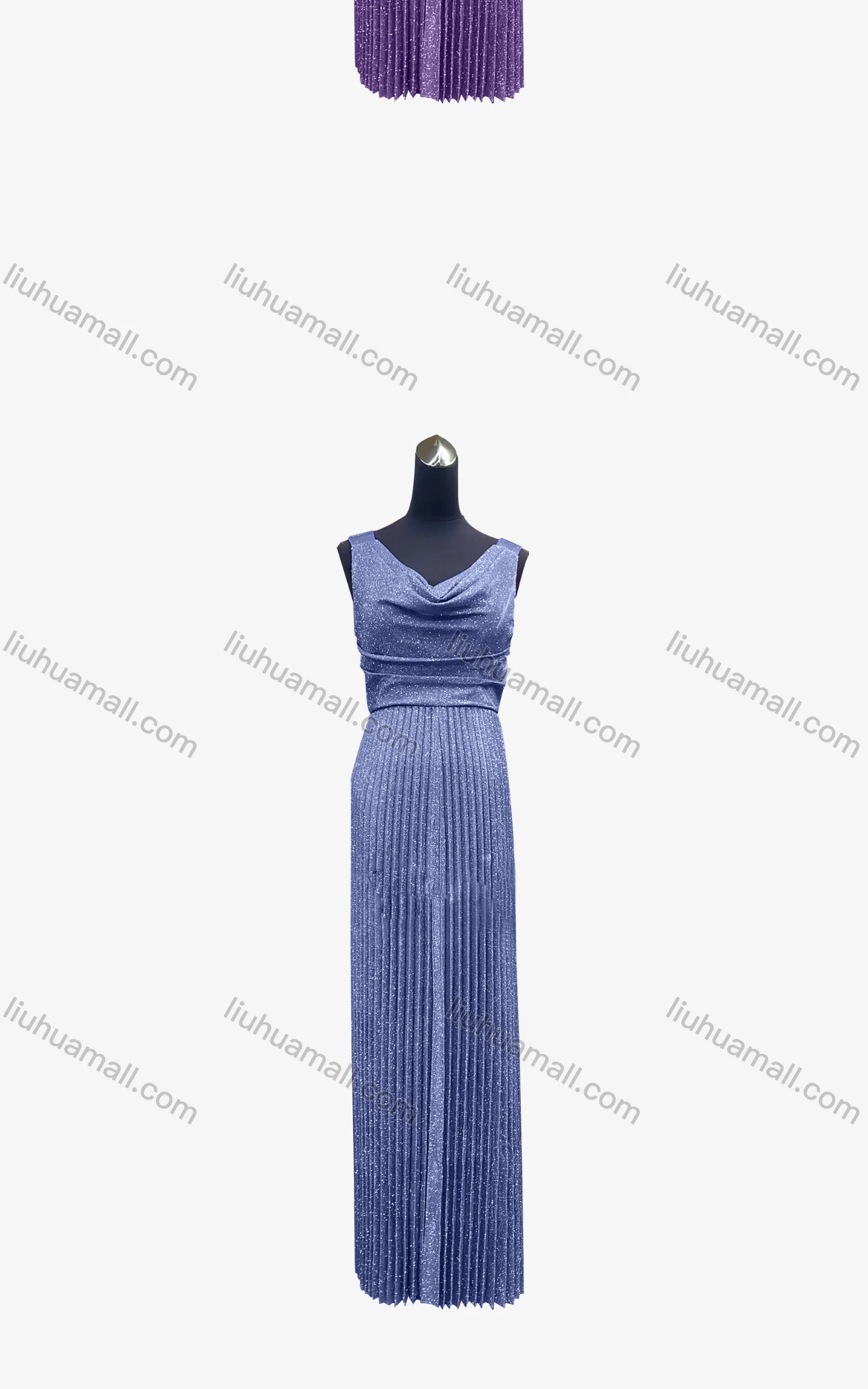 Wholesale Women's Elegant Plain Cowl Neck Laser Bronzing Pleated Maxi Evening Dress  - Liuhuamall