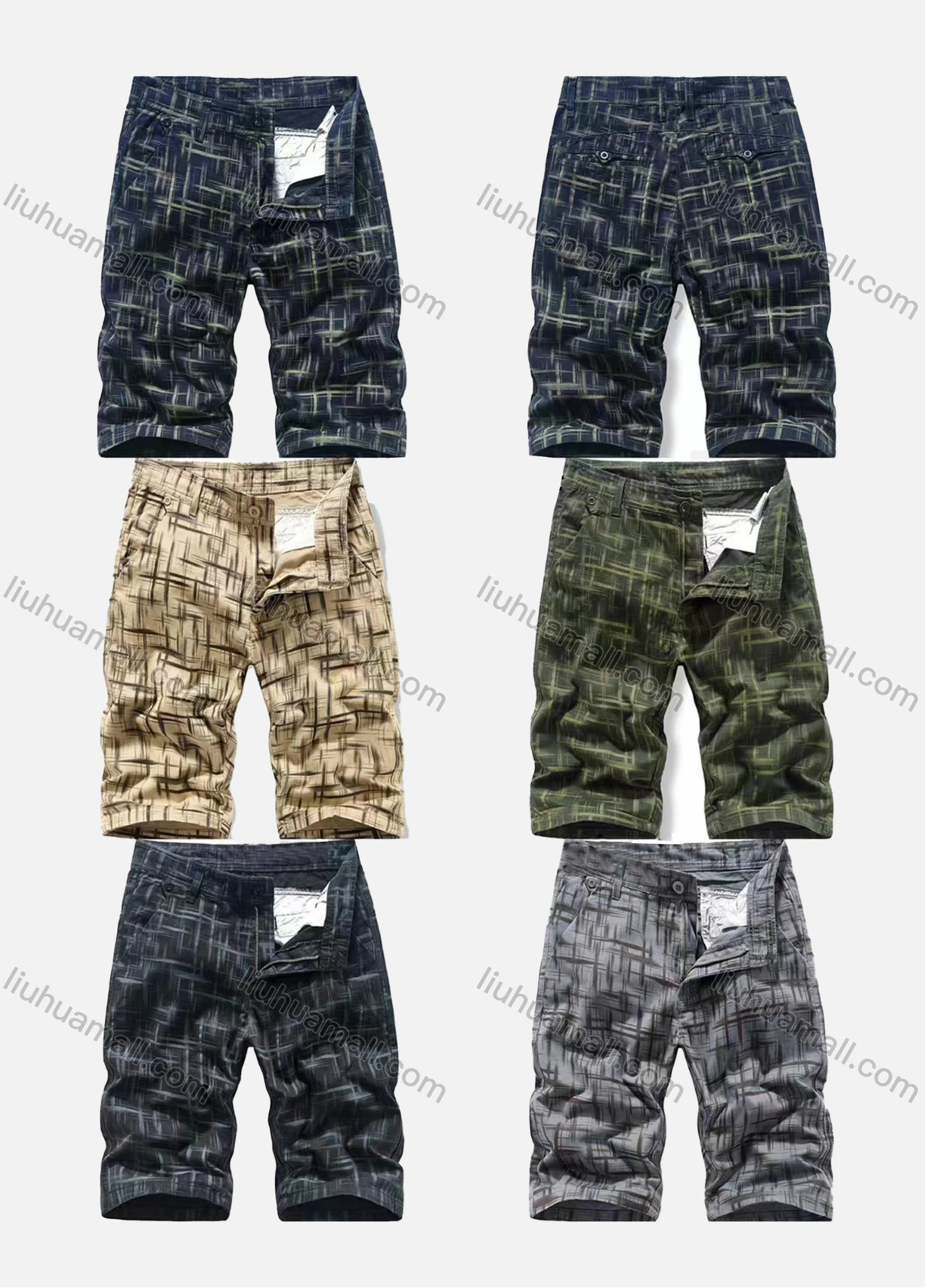 Wholesale Men's Casual Allover Plaid Print Multiple Pockets Shorts 66651# - Liuhuamall
