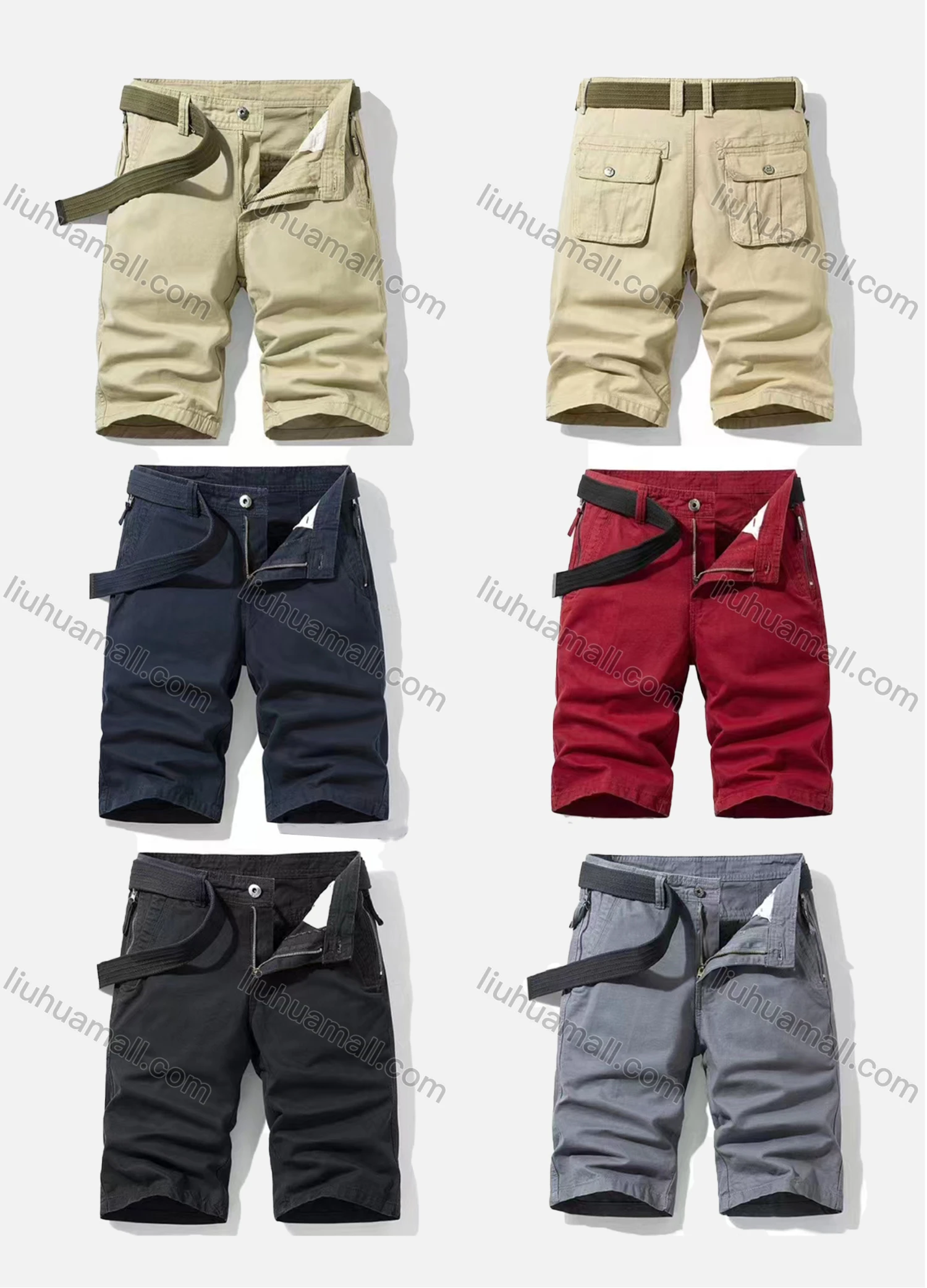 Wholesale Men's Casual Plain Multiple Pockets Shorts With Belt 68053# - Liuhuamall