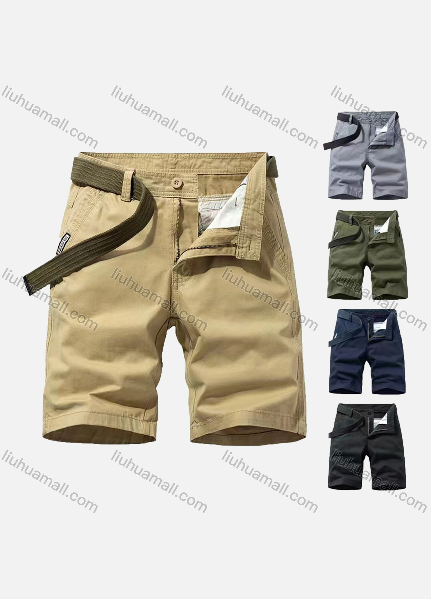 Wholesale Men's Casual Plain Patch Pocket Shorts With Belt - Liuhuamall