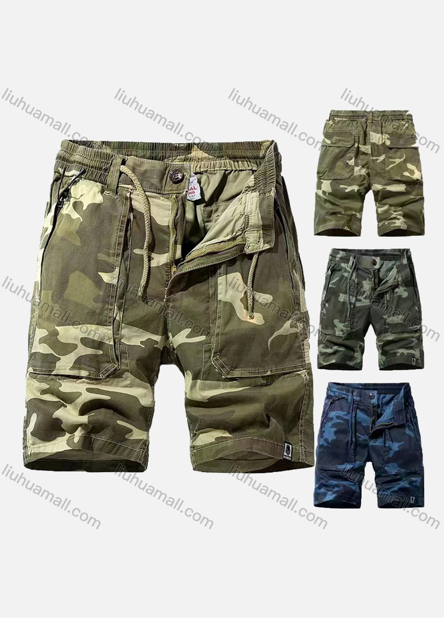 Wholesale Men's Casual Camouflage Elastic Waist Drawstring Multiple Pockets Shorts - Liuhuamall